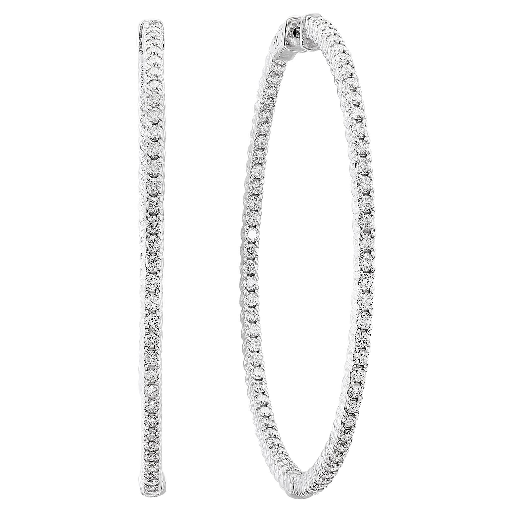3.01 Carat Round Cut Diamond Hoop Earrings in 14k White Gold For Sale