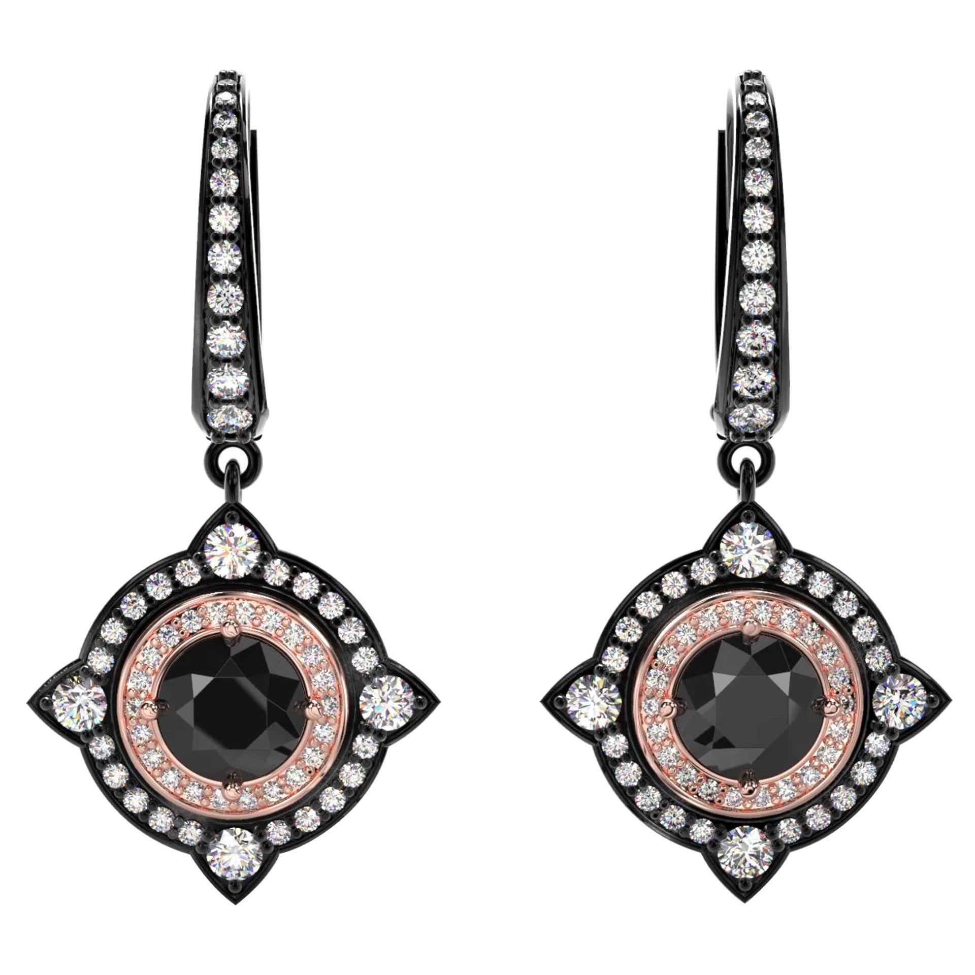 3.01 Carat Total Black Diamond Dangle Two-Tone Earrings in 14 Karat