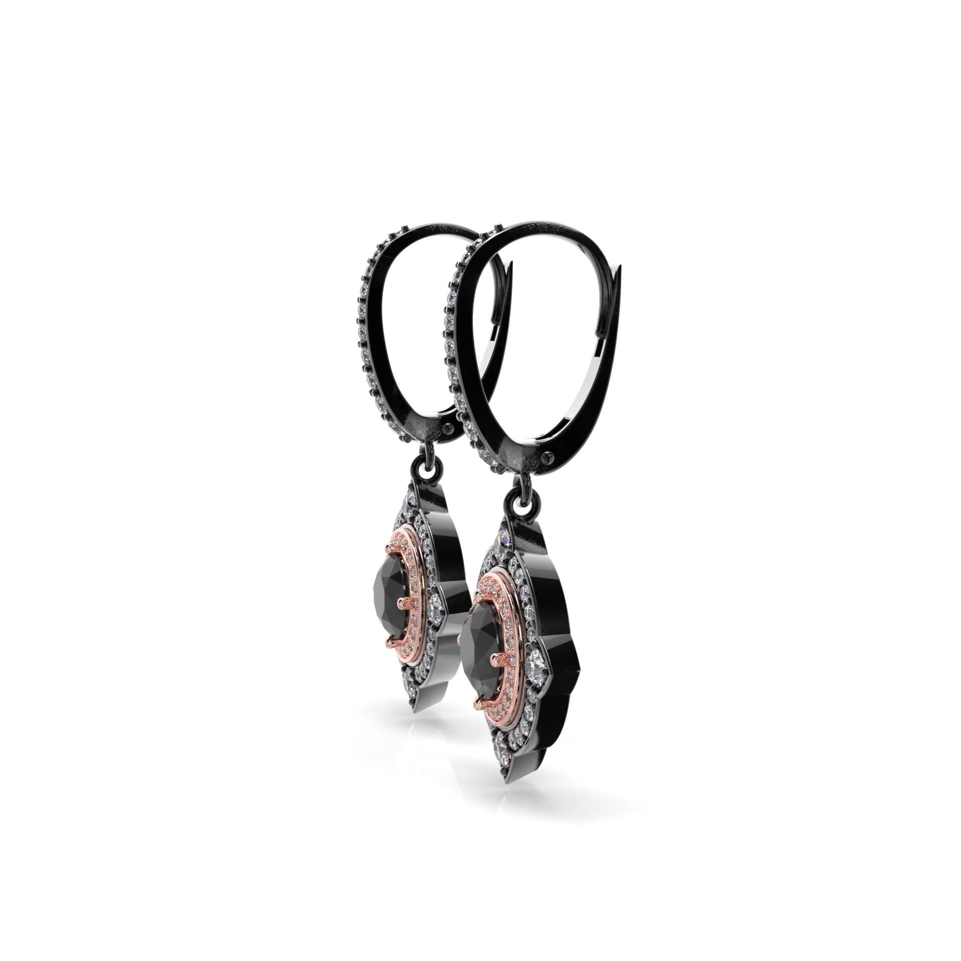 Contemporary 3.01 Carat Total Black Diamond Dangle Two-Tone Earrings in 14 Karat