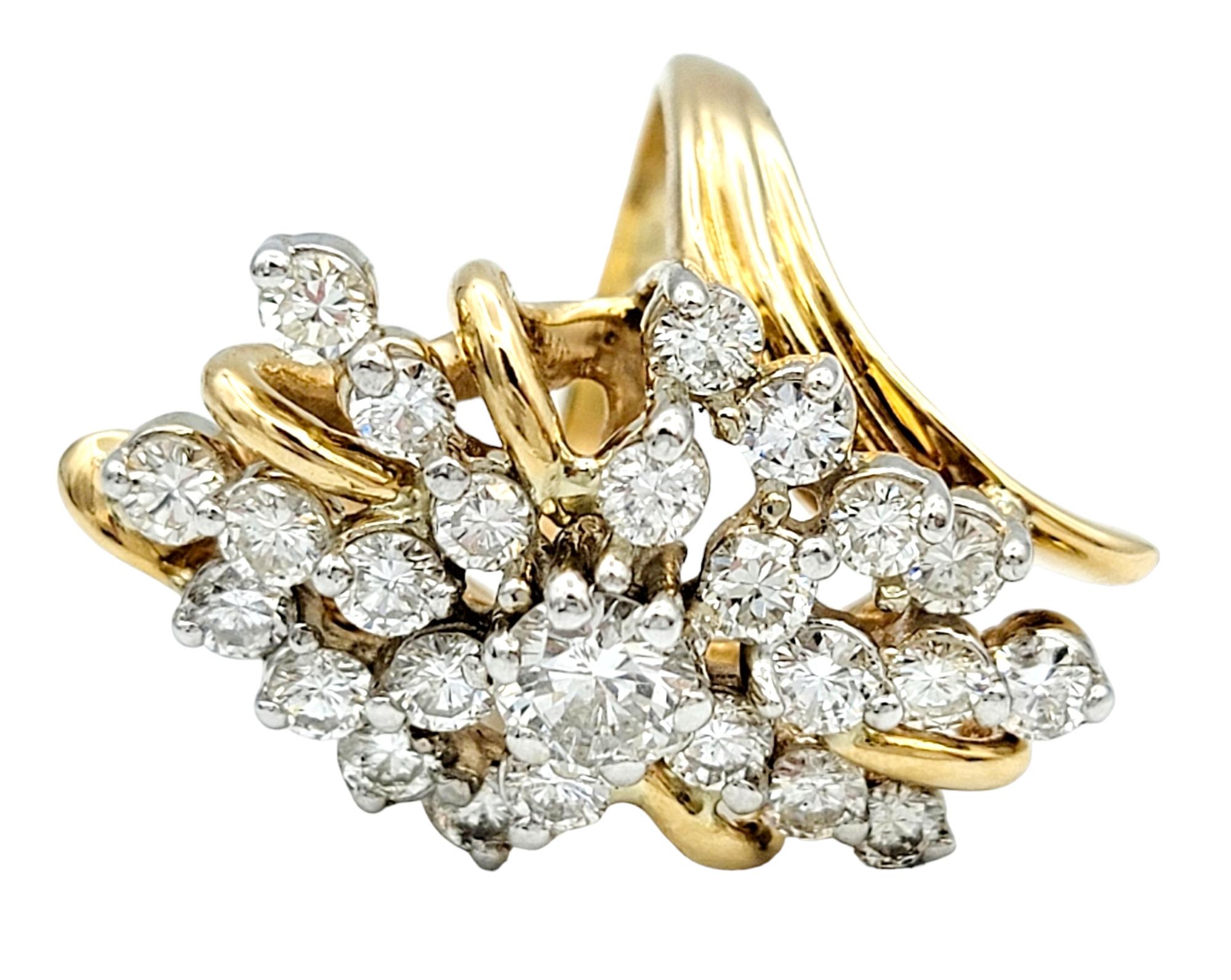 Contemporary 3.01 Carat Total Round Diamond Elongated Cluster Ring in 14 Karat Yellow Gold For Sale
