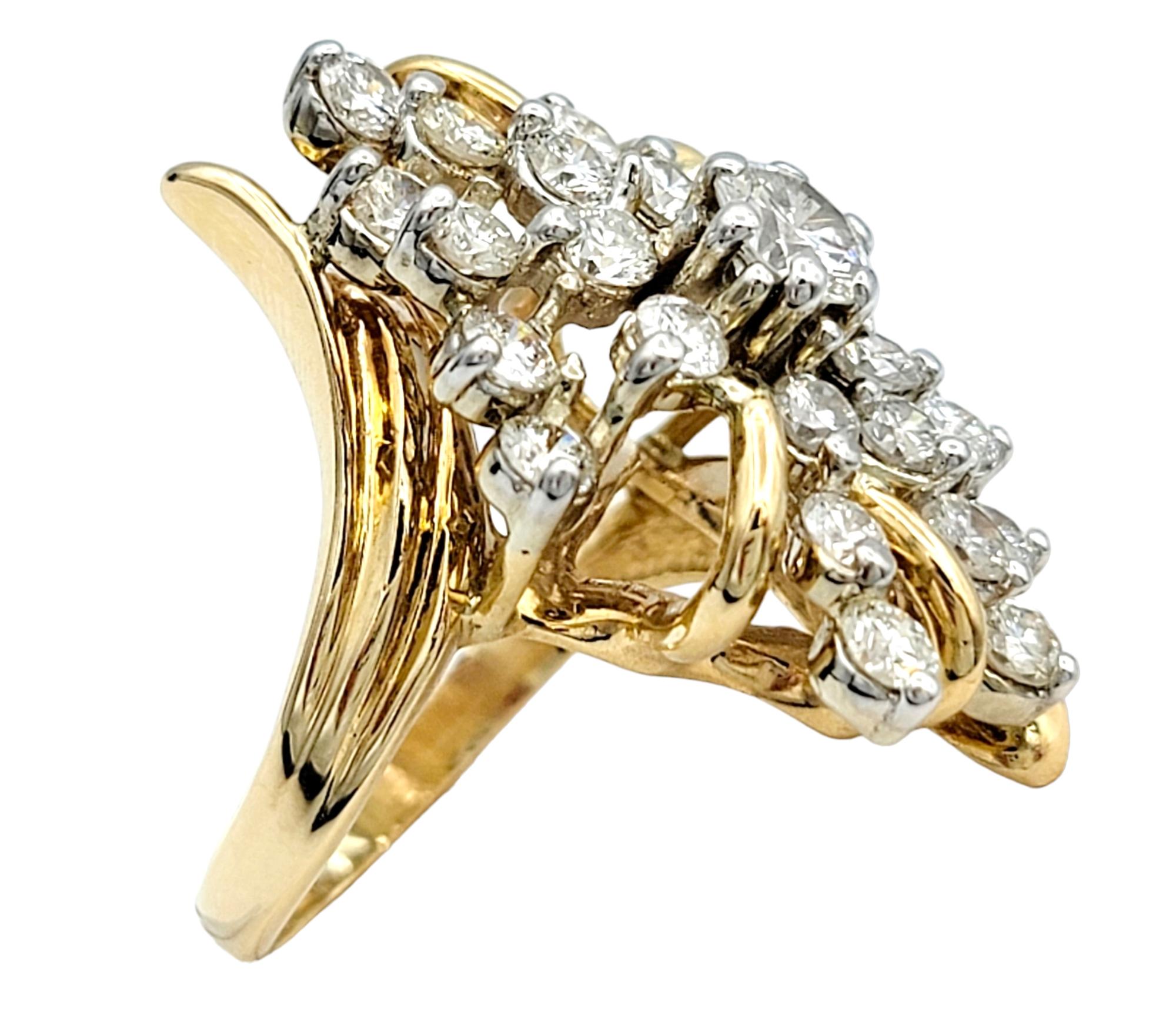 Round Cut 3.01 Carat Total Round Diamond Elongated Cluster Ring in 14 Karat Yellow Gold For Sale
