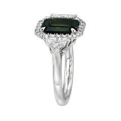 3.01 Carat Unheated Ceylon Green Sapphire Emerald Cut Three Stone Platinum Ring