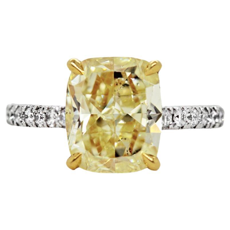 3.01 ct GIA Certified Natural Fancy Yellow Cushion Cut Solitaire Engagement Ring For Sale