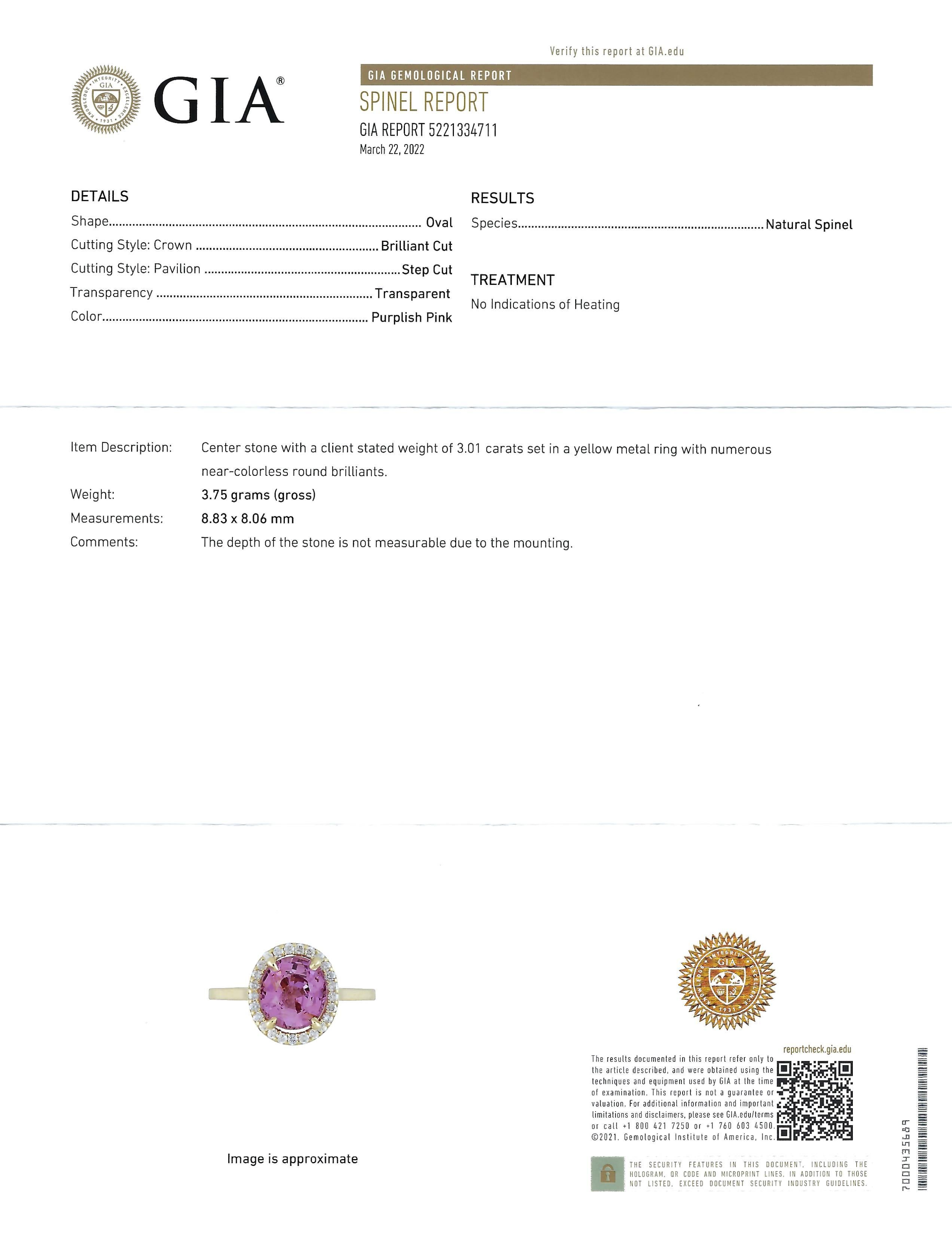 Oval Cut NEW GIA Cert Unheated Natural Oval Pink Spinel Diamond Ring in 14K Yellow Gold For Sale