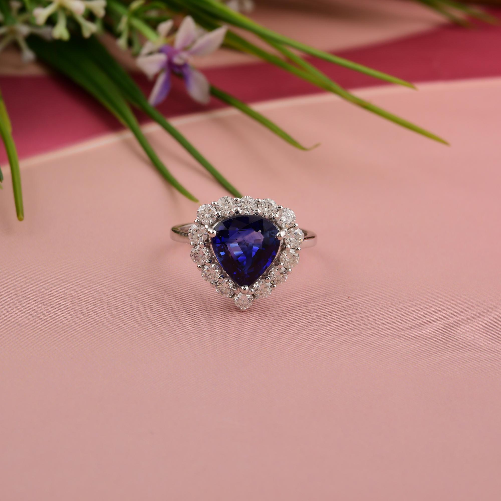 in vendita:  Anello di fidanzamento aureolato con diamante e zaffiro blu a pera da 3,01 carati, oro bianco 14 carati 4