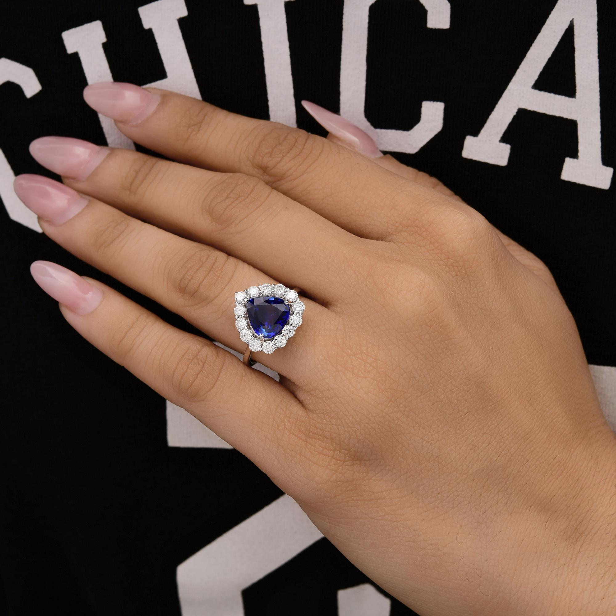 For Sale:  3.01 Ct Pear Blue Sapphire Diamond Halo Engagement Ring 18 Karat White Gold 2