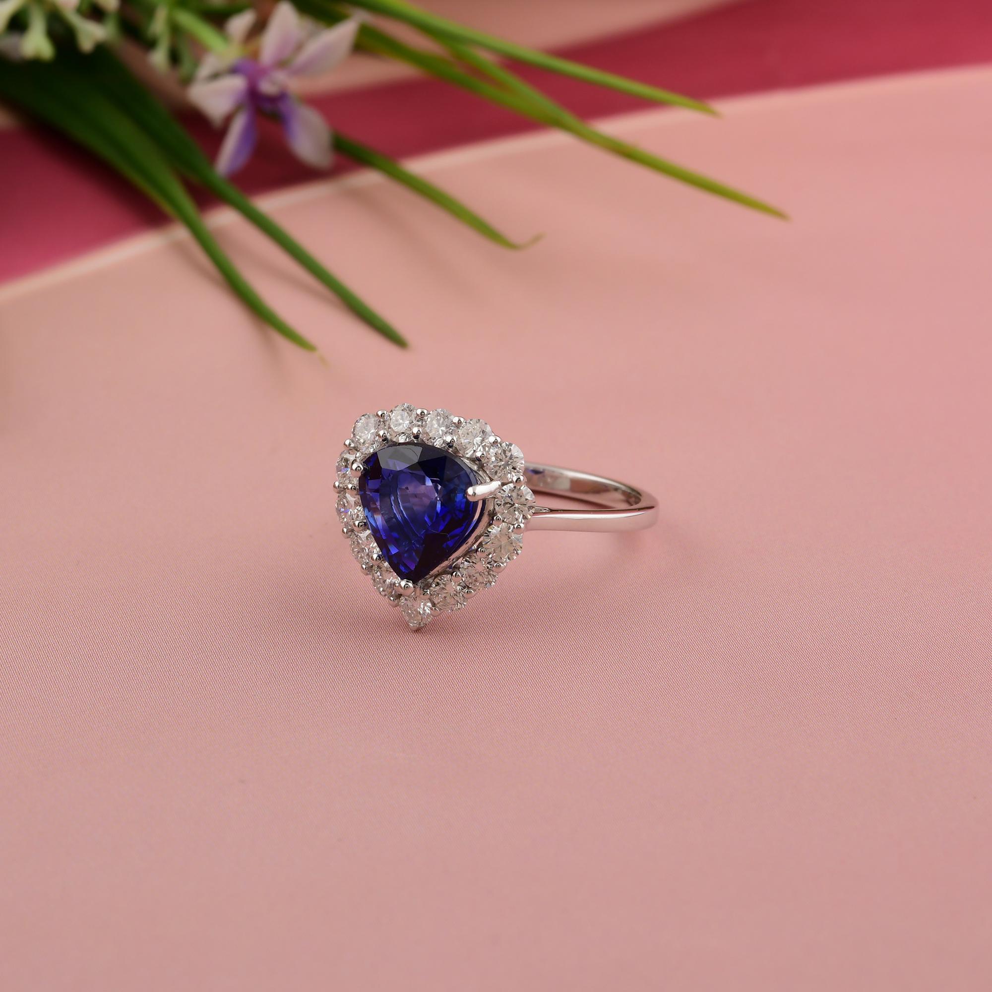 For Sale:  3.01 Ct Pear Blue Sapphire Diamond Halo Engagement Ring 18 Karat White Gold 6