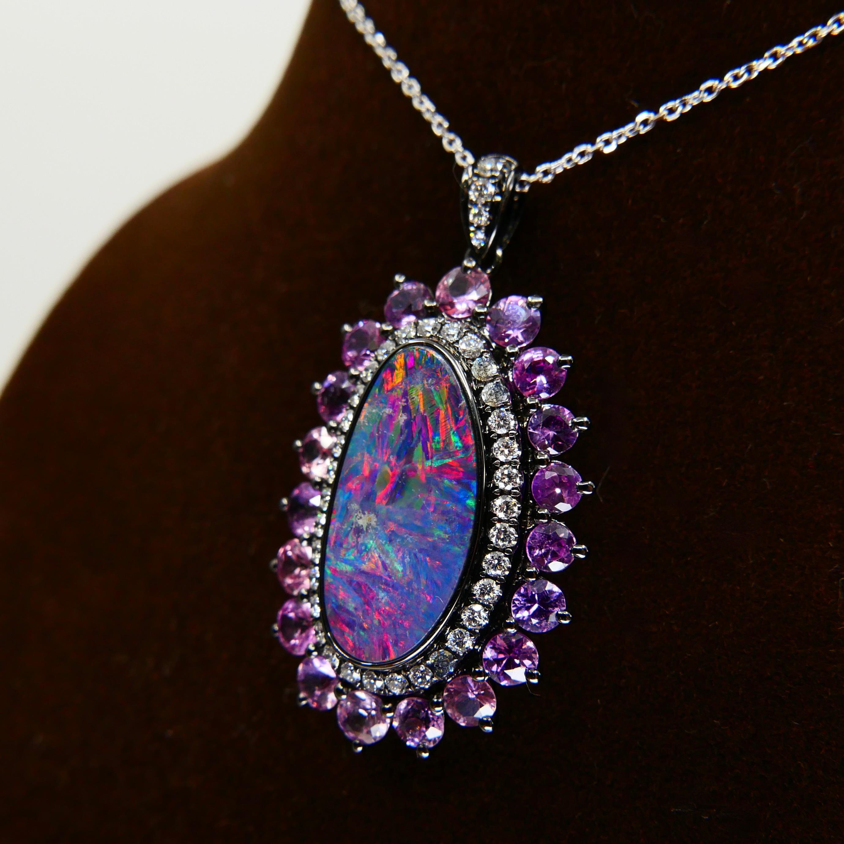 3.01 Cts Au Opal, Pink Sapphire & Diamond Pendant, Impressive Play of Colors For Sale 5