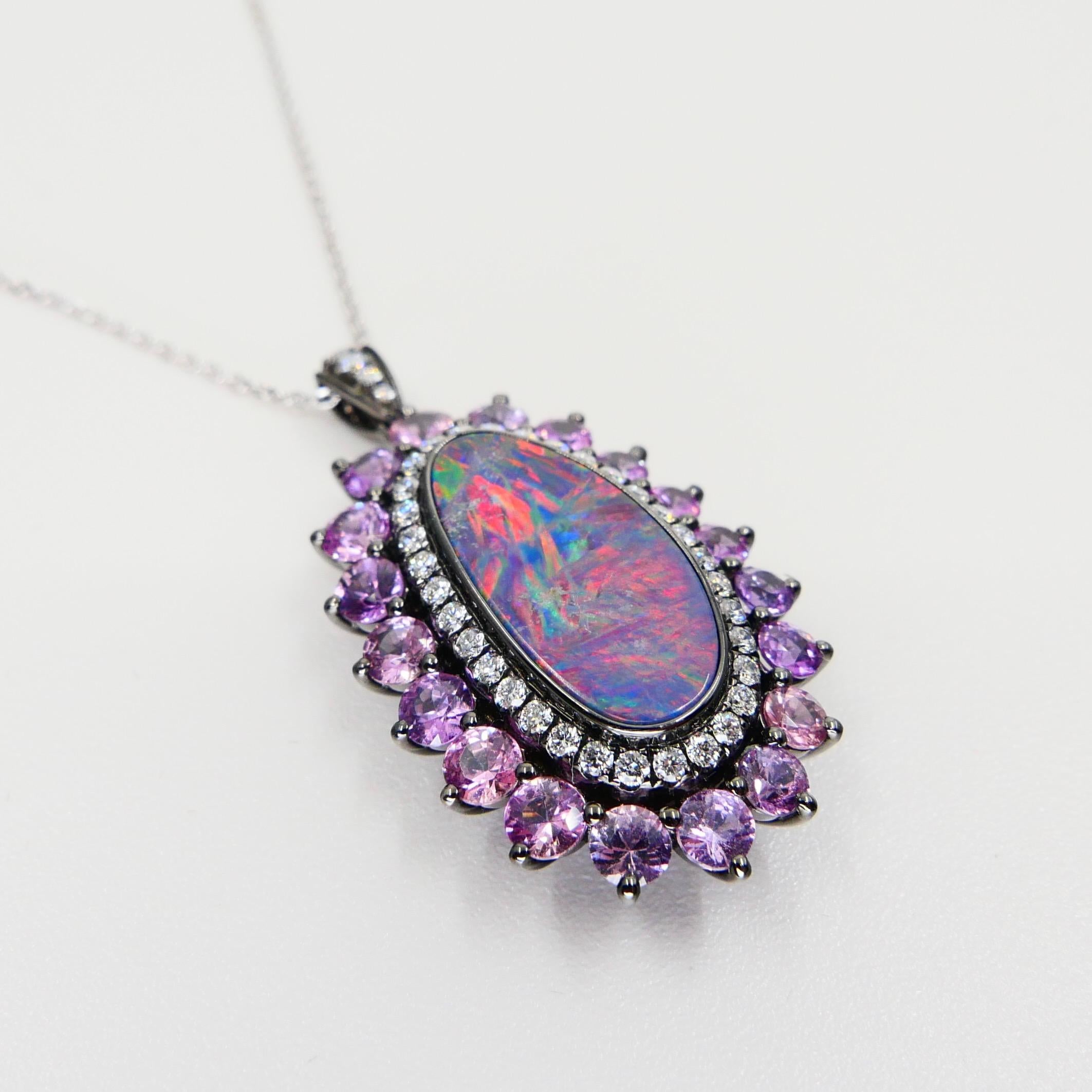 3.01 Cts Au Opal, Pink Sapphire & Diamond Pendant, Impressive Play of Colors For Sale 7