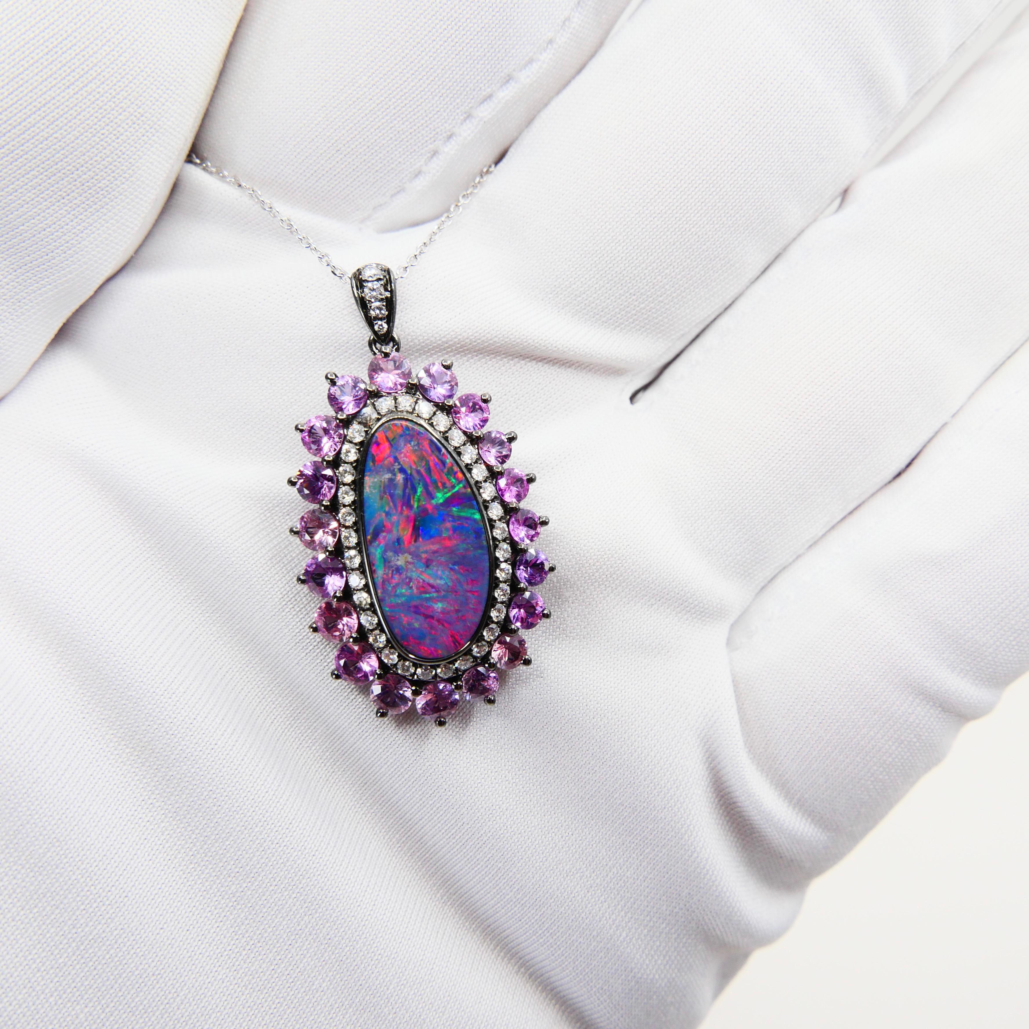 3.01 Cts Au Opal, Pink Sapphire & Diamond Pendant, Impressive Play of Colors For Sale 8