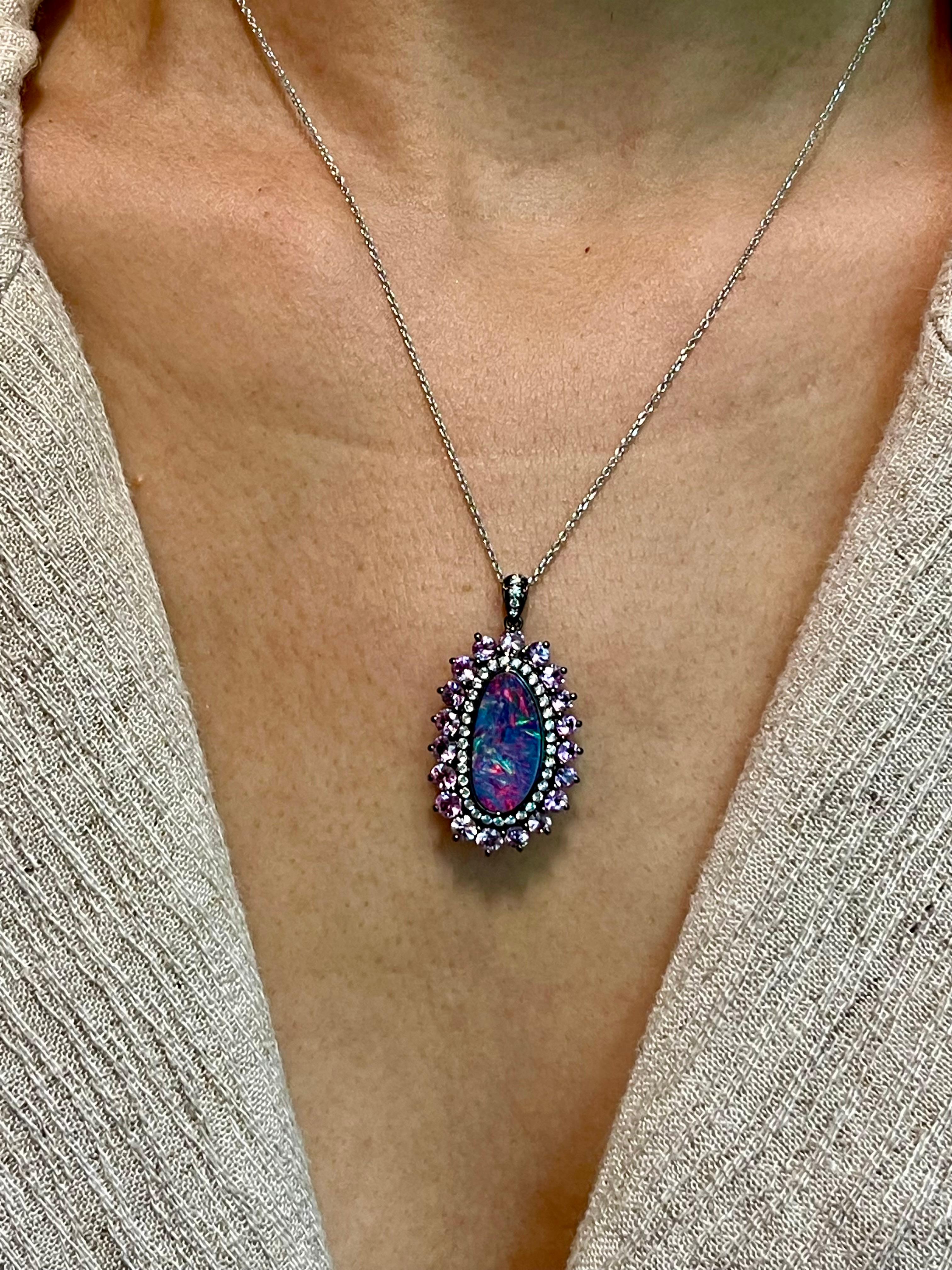 3.01 Cts Au Opal, Pink Sapphire & Diamond Pendant, Impressive Play of Colors For Sale 9