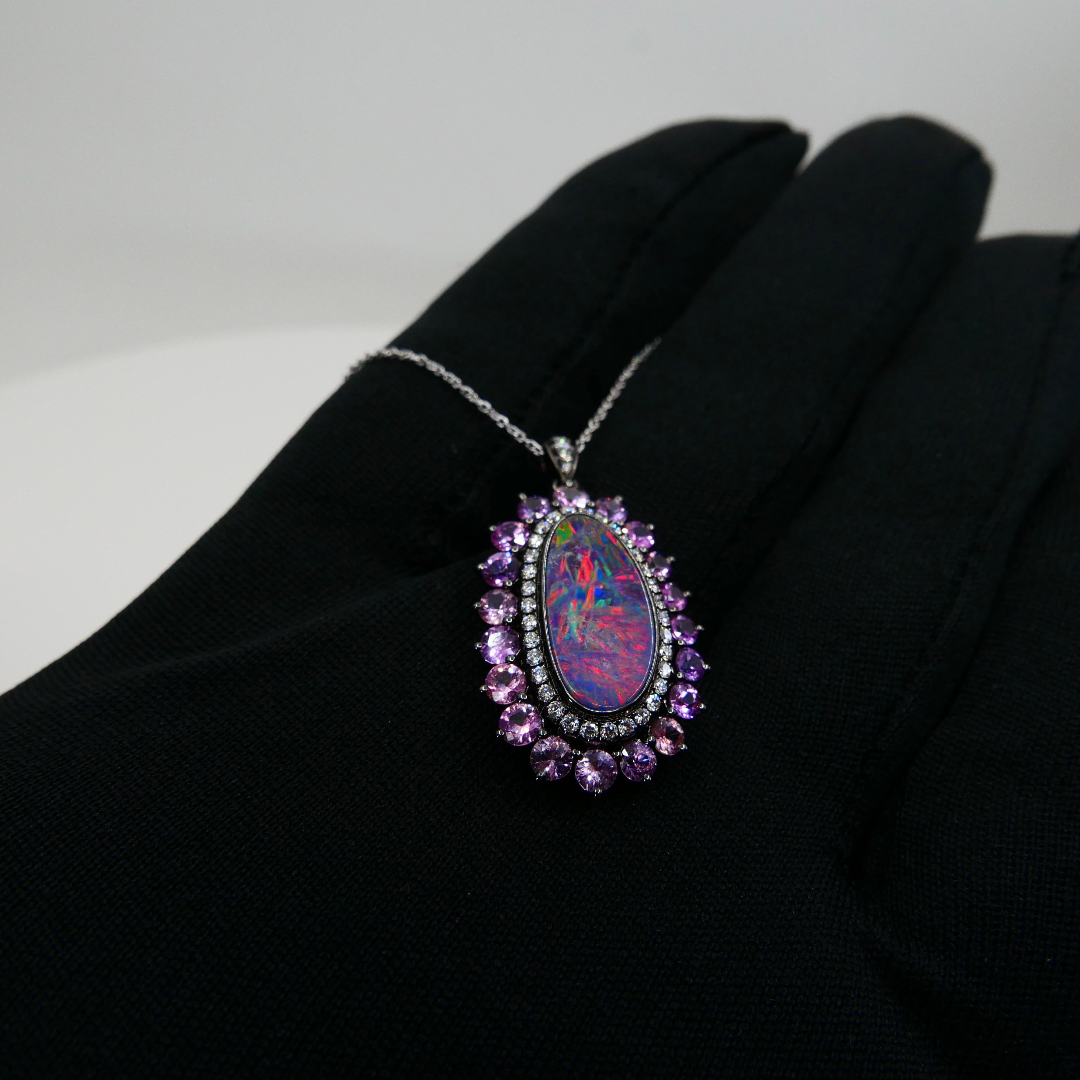 3.01 Cts Au Opal, Pink Sapphire & Diamond Pendant, Impressive Play of Colors For Sale 10
