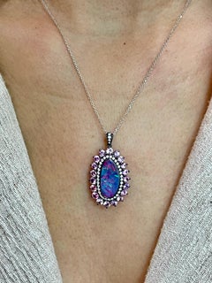 3.01 Cts Au Opal, Pink Sapphire & Diamond Pendant, Impressive Play of Colors