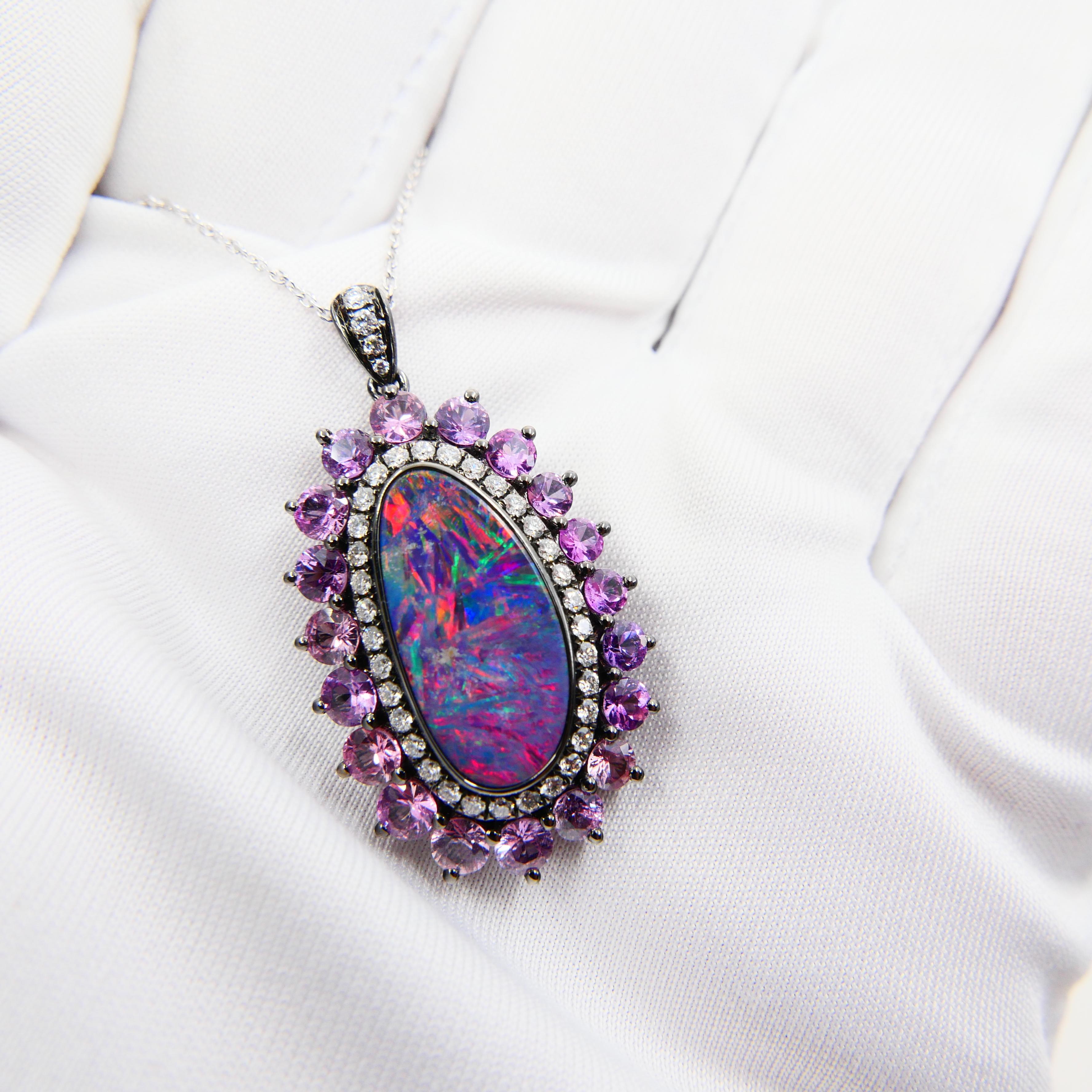 Women's 3.01 Cts Au Opal, Pink Sapphire & Diamond Pendant, Impressive Play of Colors For Sale