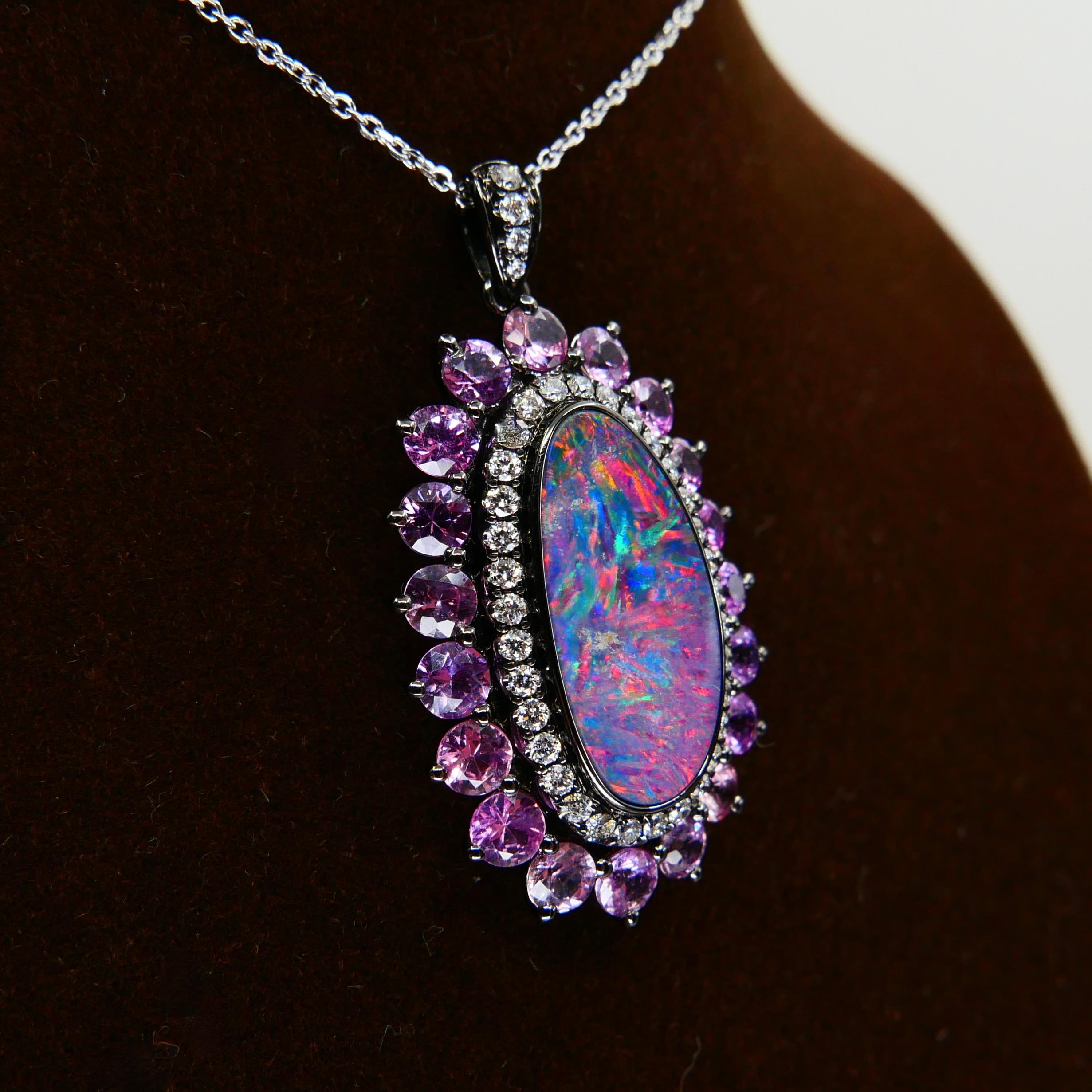 3.01 Cts Au Opal, Pink Sapphire & Diamond Pendant, Impressive Play of Colors For Sale 1