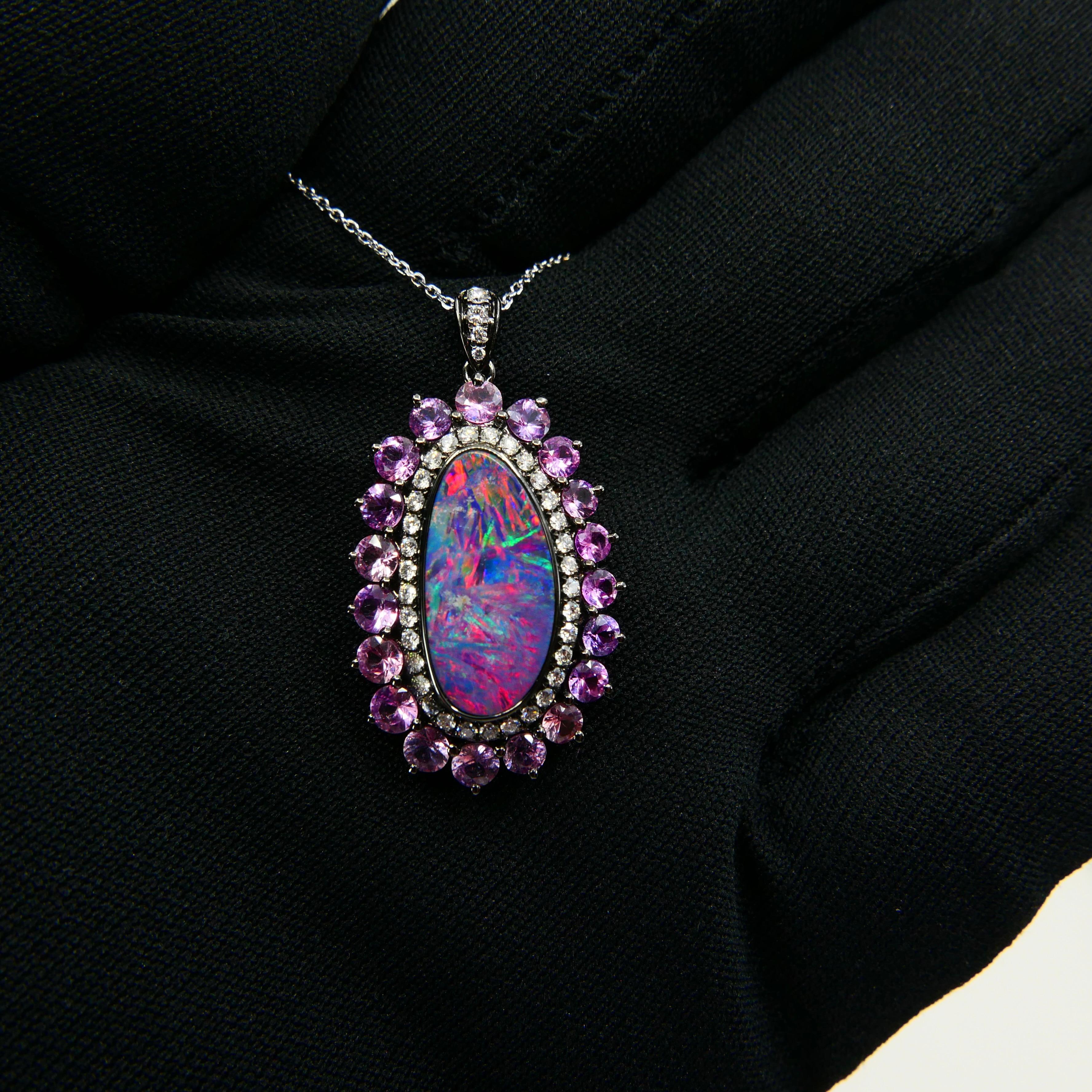 3.01 Cts Au Opal, Pink Sapphire & Diamond Pendant, Impressive Play of Colors For Sale 2
