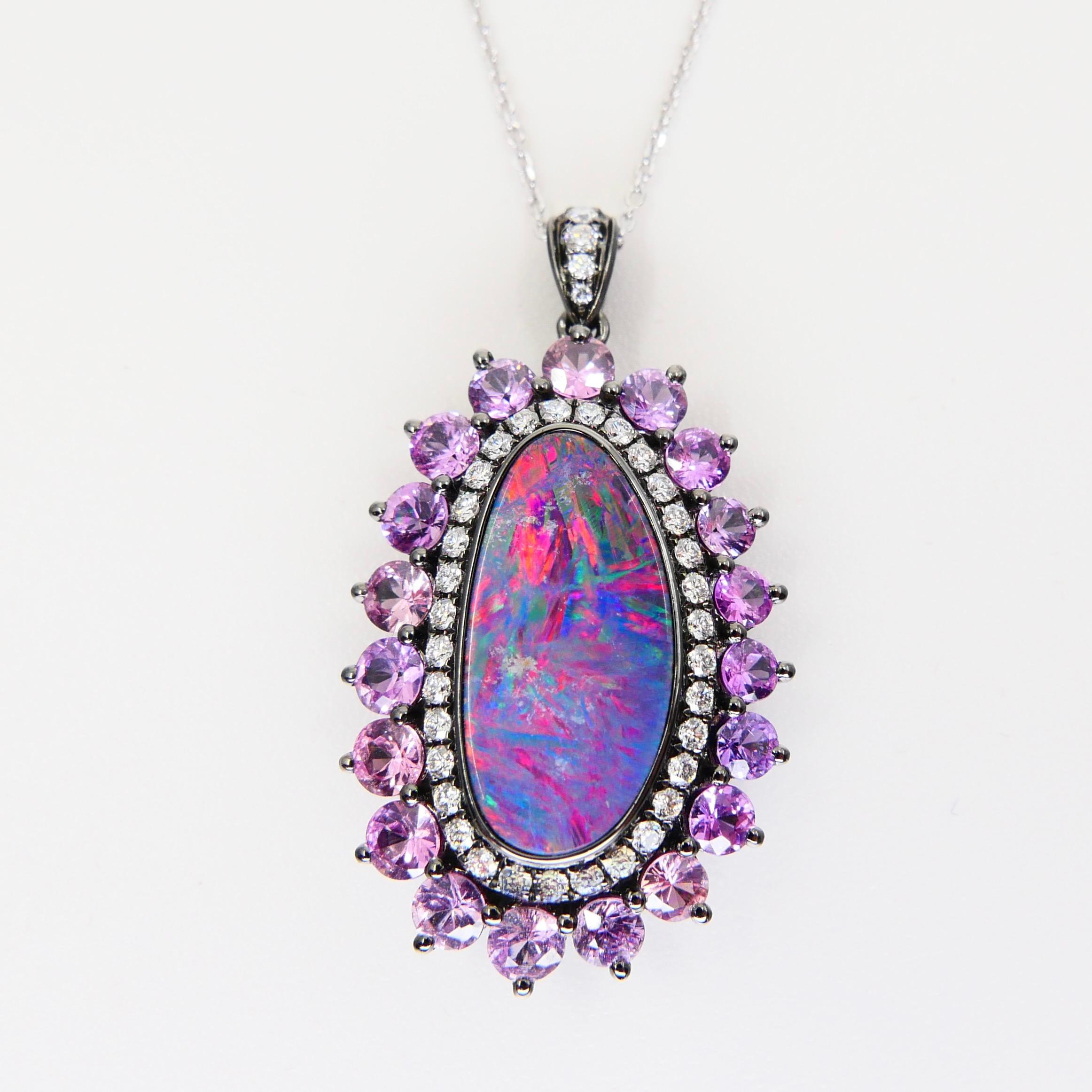 3.01 Cts Au Opal, Pink Sapphire & Diamond Pendant, Impressive Play of Colors For Sale 3
