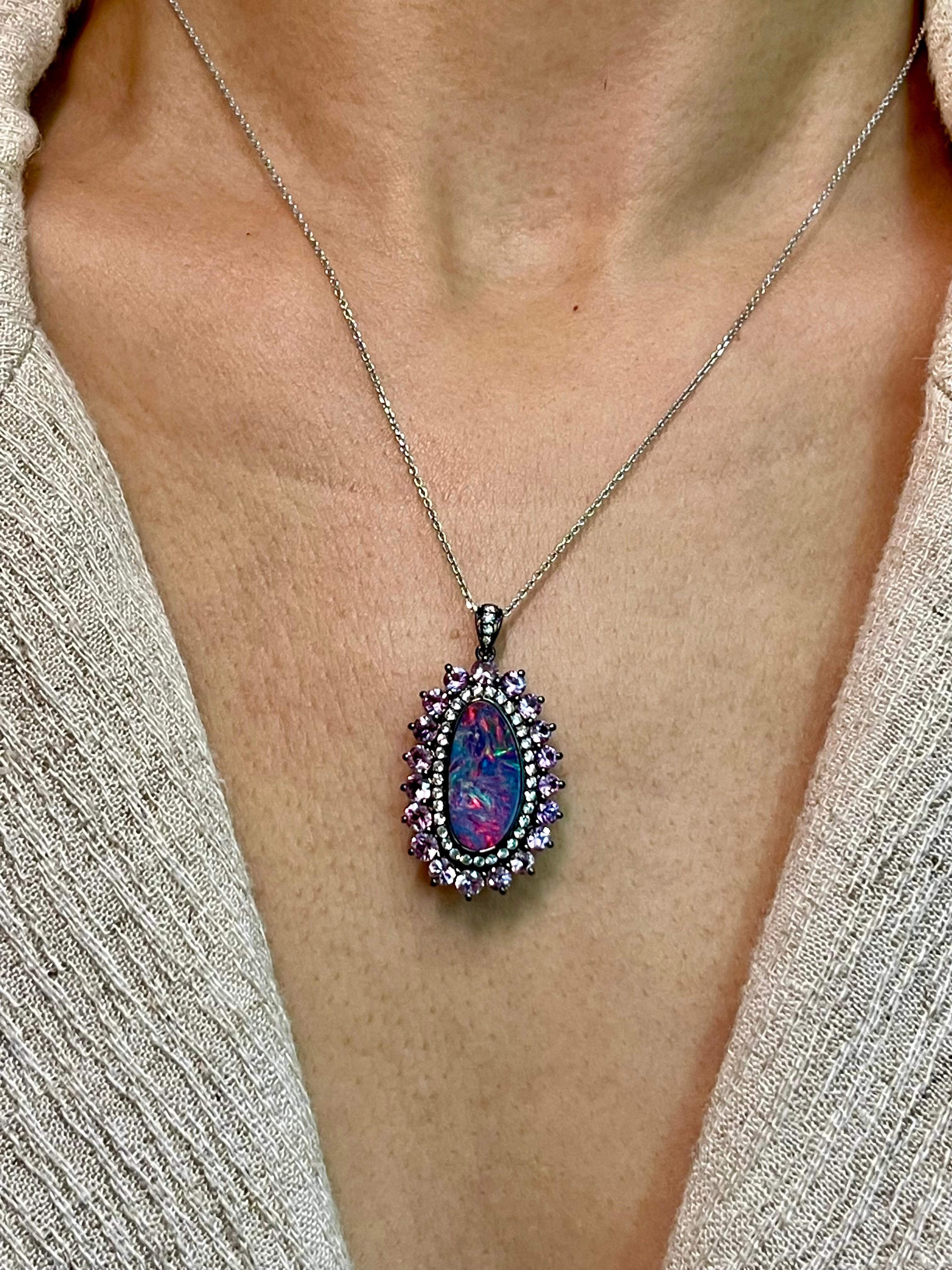 3.01 Cts Au Opal, Pink Sapphire & Diamond Pendant, Impressive Play of Colors For Sale 4