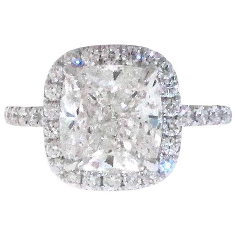 3.01 GIA Certified GVVS1 Cushion Cut Diamond Halo Engagement Ring, Platinum Set For Sale at 1stdibs