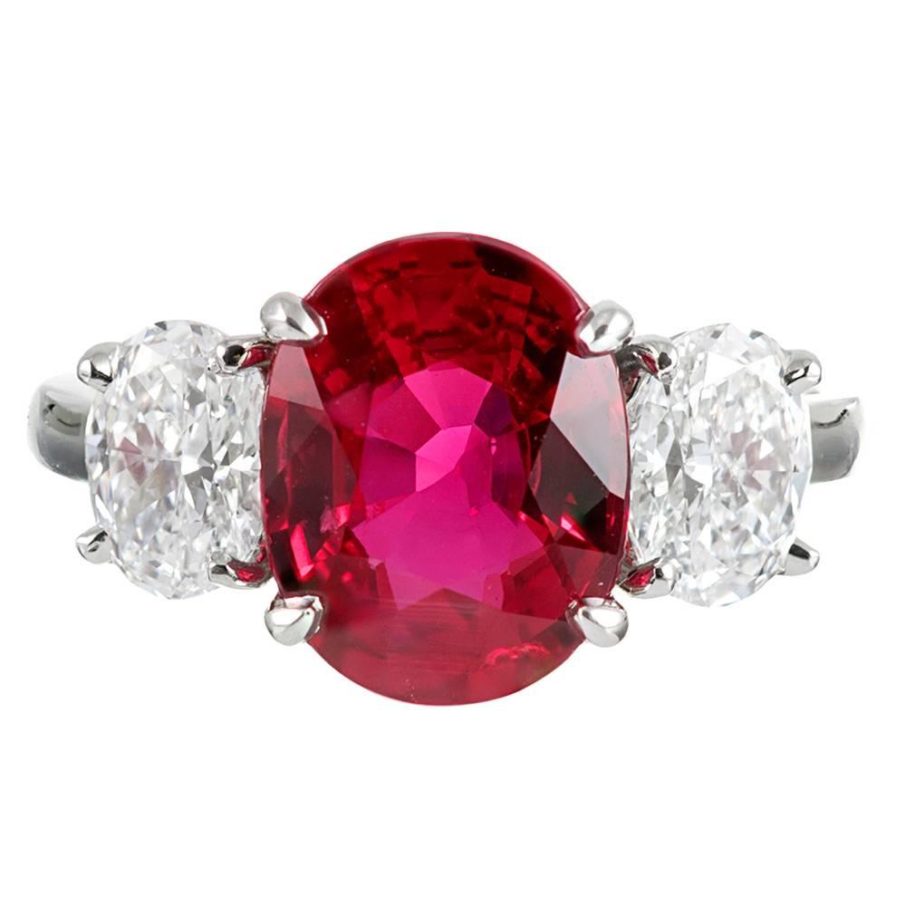 3.01 No Heat Ruby 1.22cttw E/SI1 Diamond Three-Stone Ring For Sale