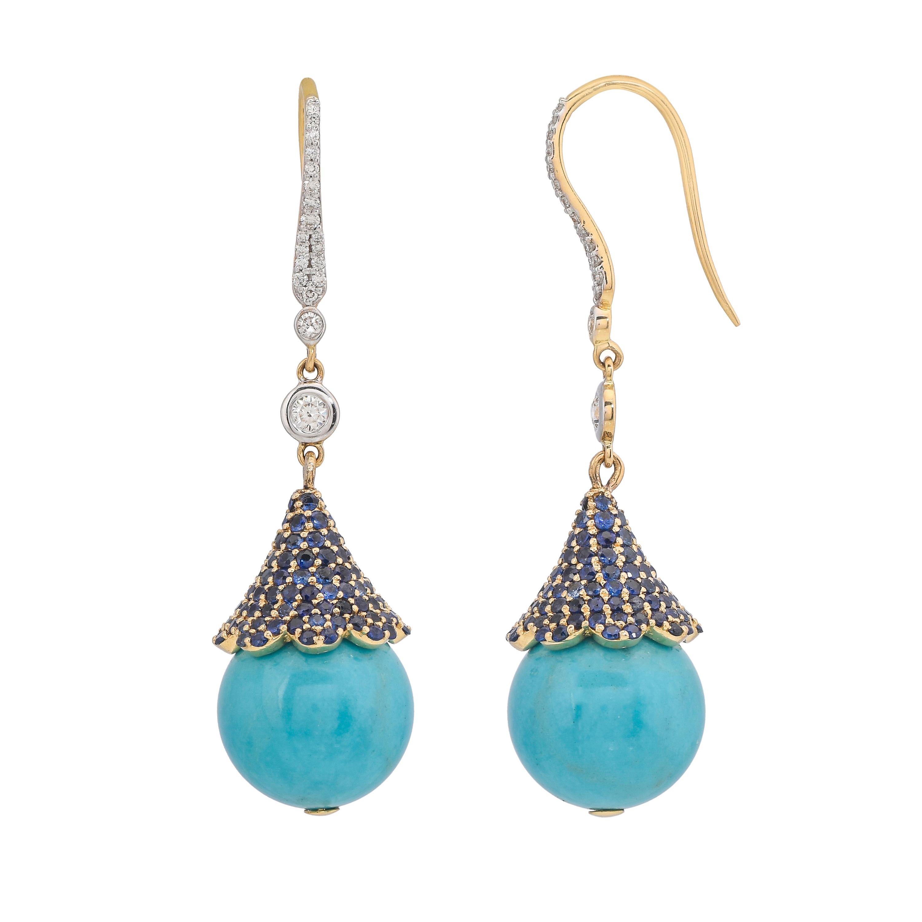 Each designed with a round shaped turquoise balls weighing approximately 30.10 carats in total with a blue sapphire-set cap weighing approximately 3.24 carats, further connected by 2 round shaped diamonds and suspending from diamond set hoop with a