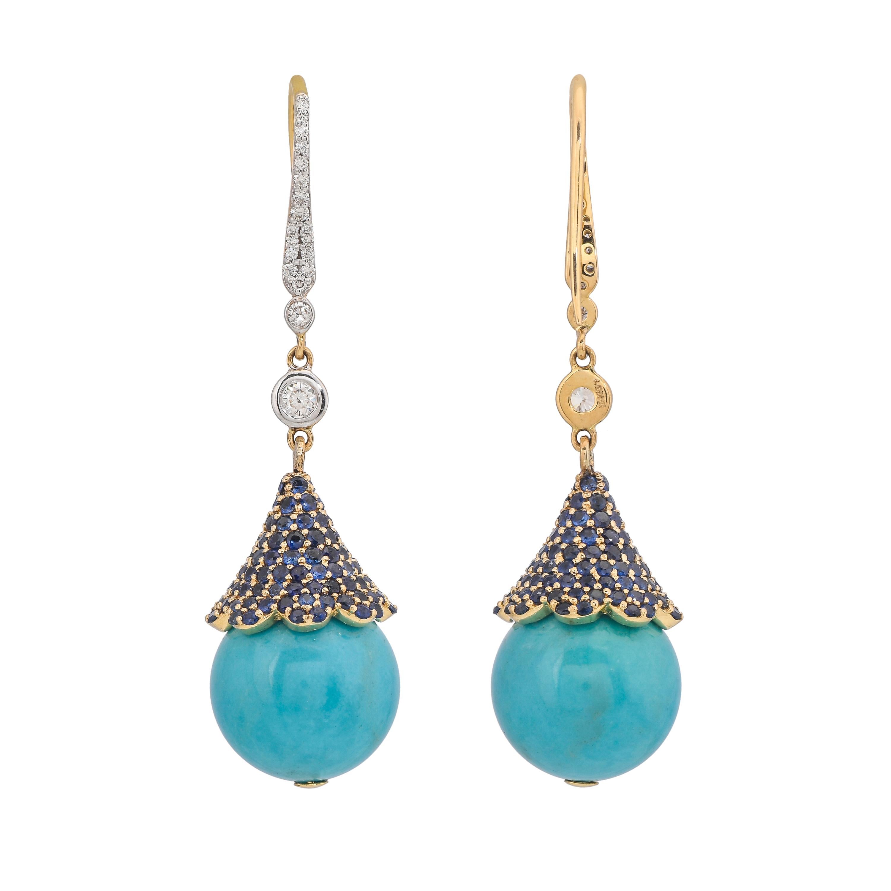 Modern 30.10 Carats Turquoise Blue Sapphire and Diamond 18KT Yellow Gold Earrings For Sale