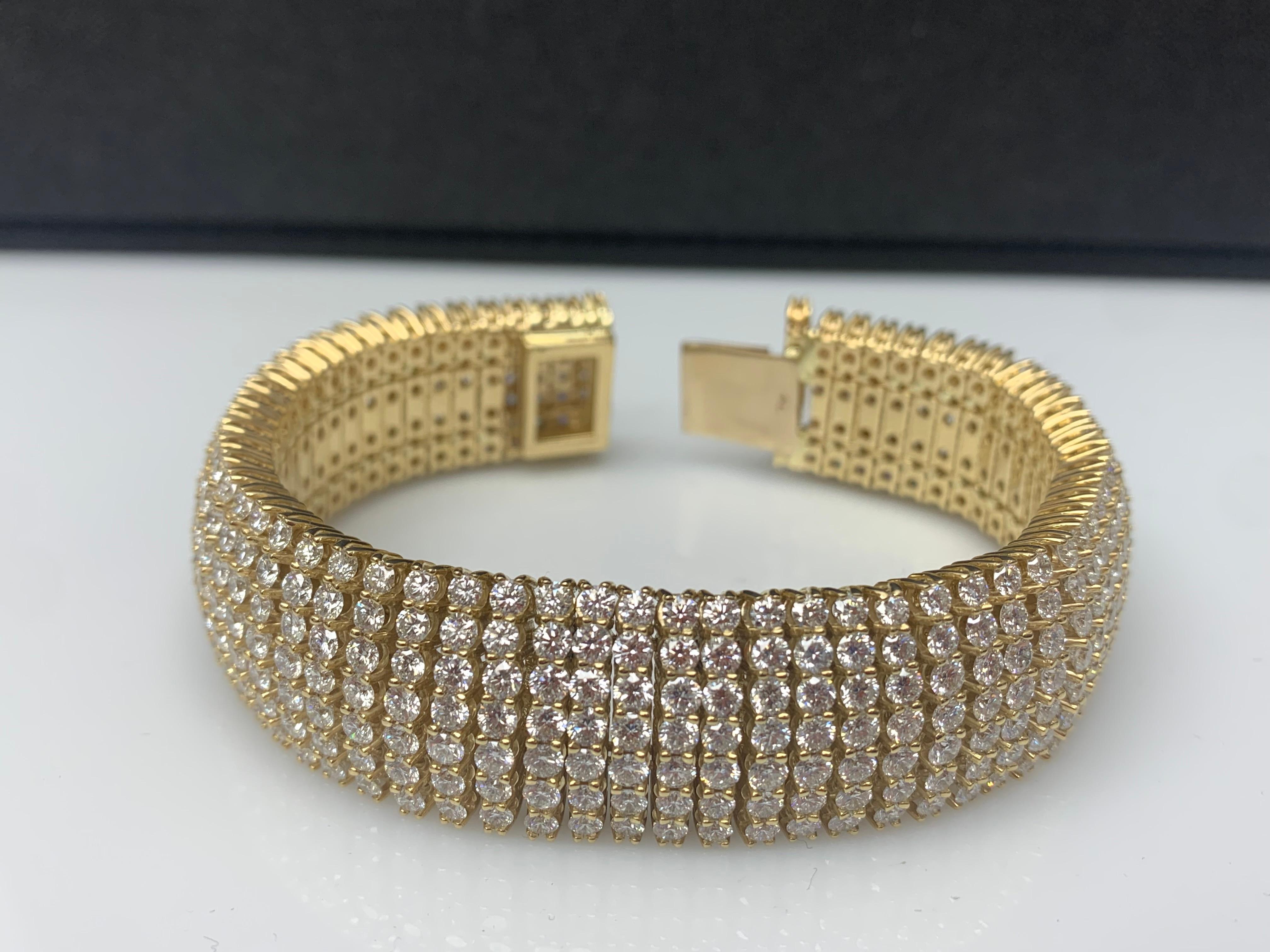 30.18 Carat Round Diamond Multi-Row Tennis Bracelet in 14K Yellow Gold For Sale 3