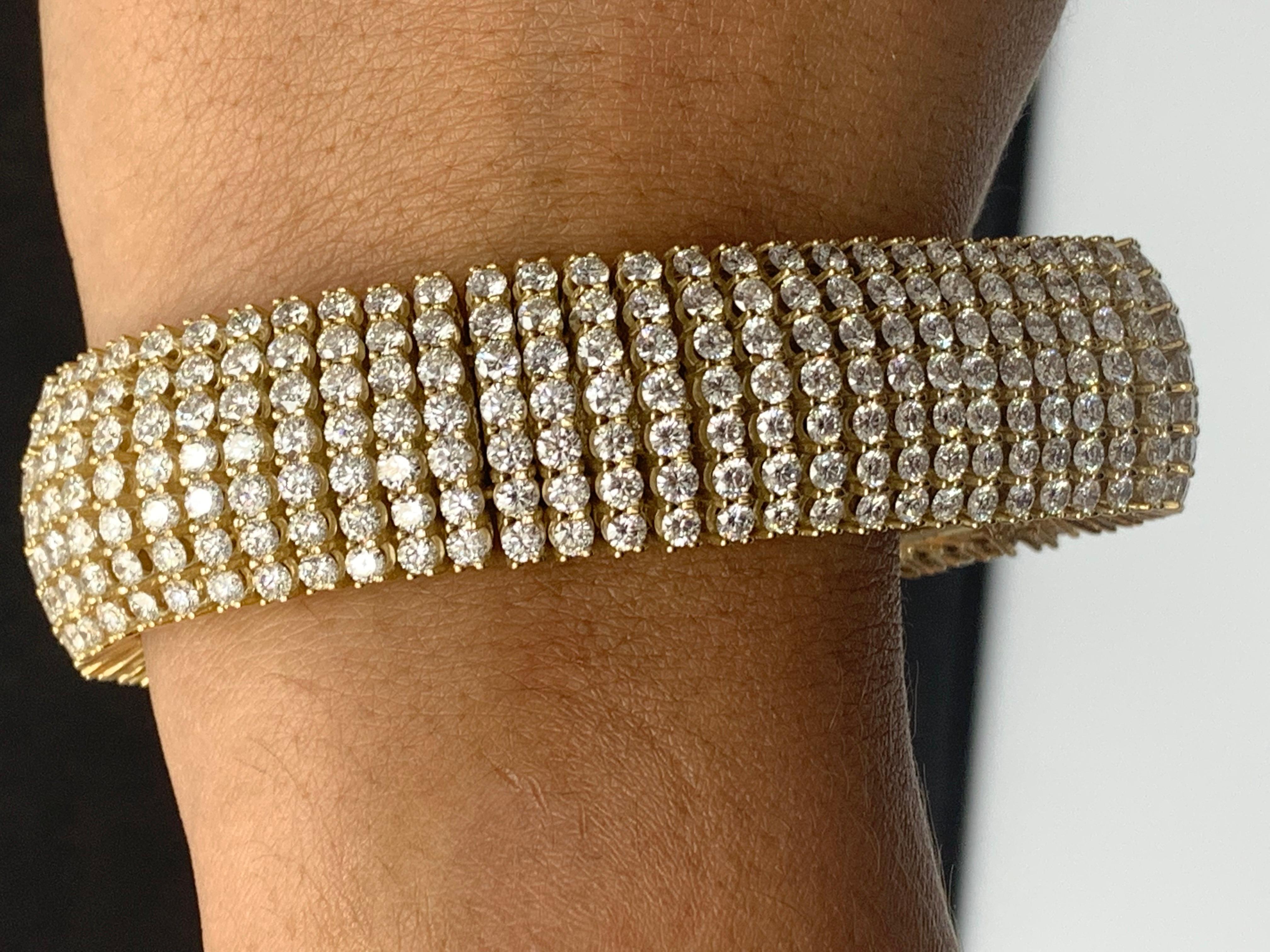 30.18 Carat Round Diamond Multi-Row Tennis Bracelet in 14K Yellow Gold For Sale 4