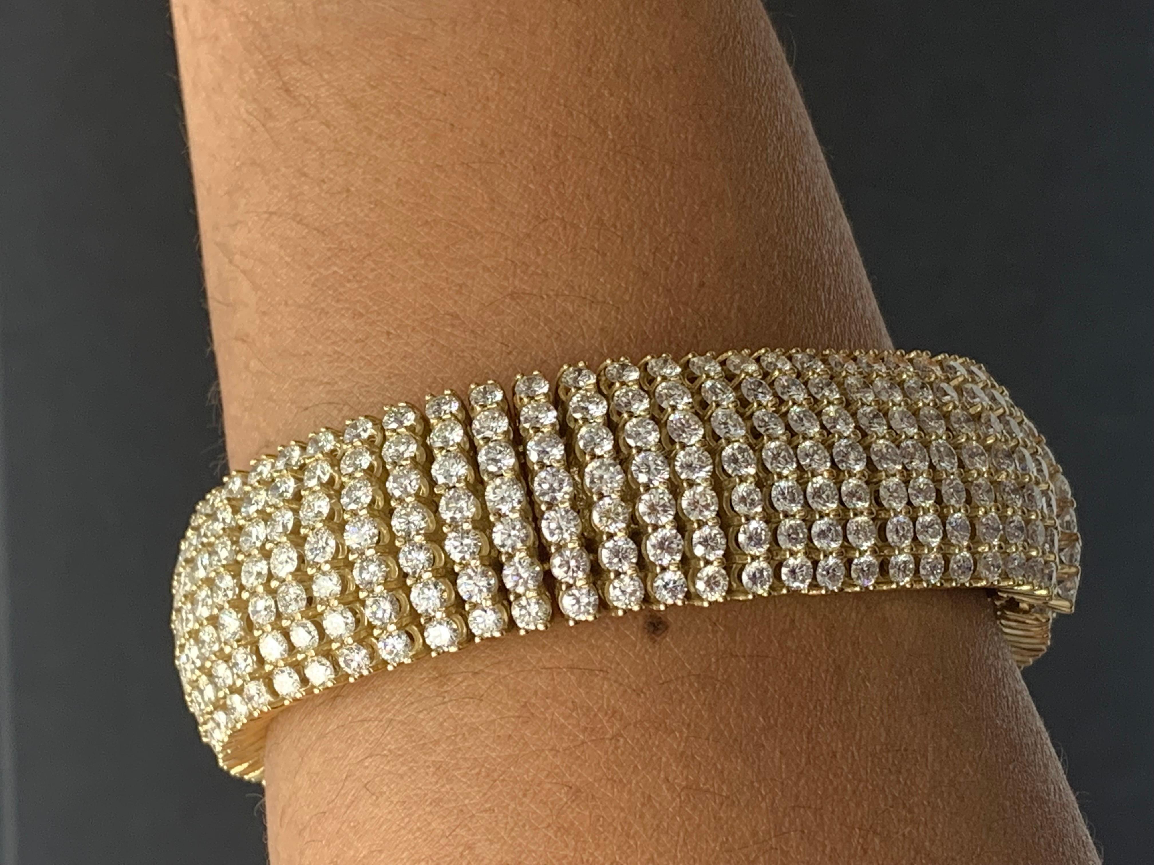 30.18 Carat Round Diamond Multi-Row Tennis Bracelet in 14K Yellow Gold For Sale 6