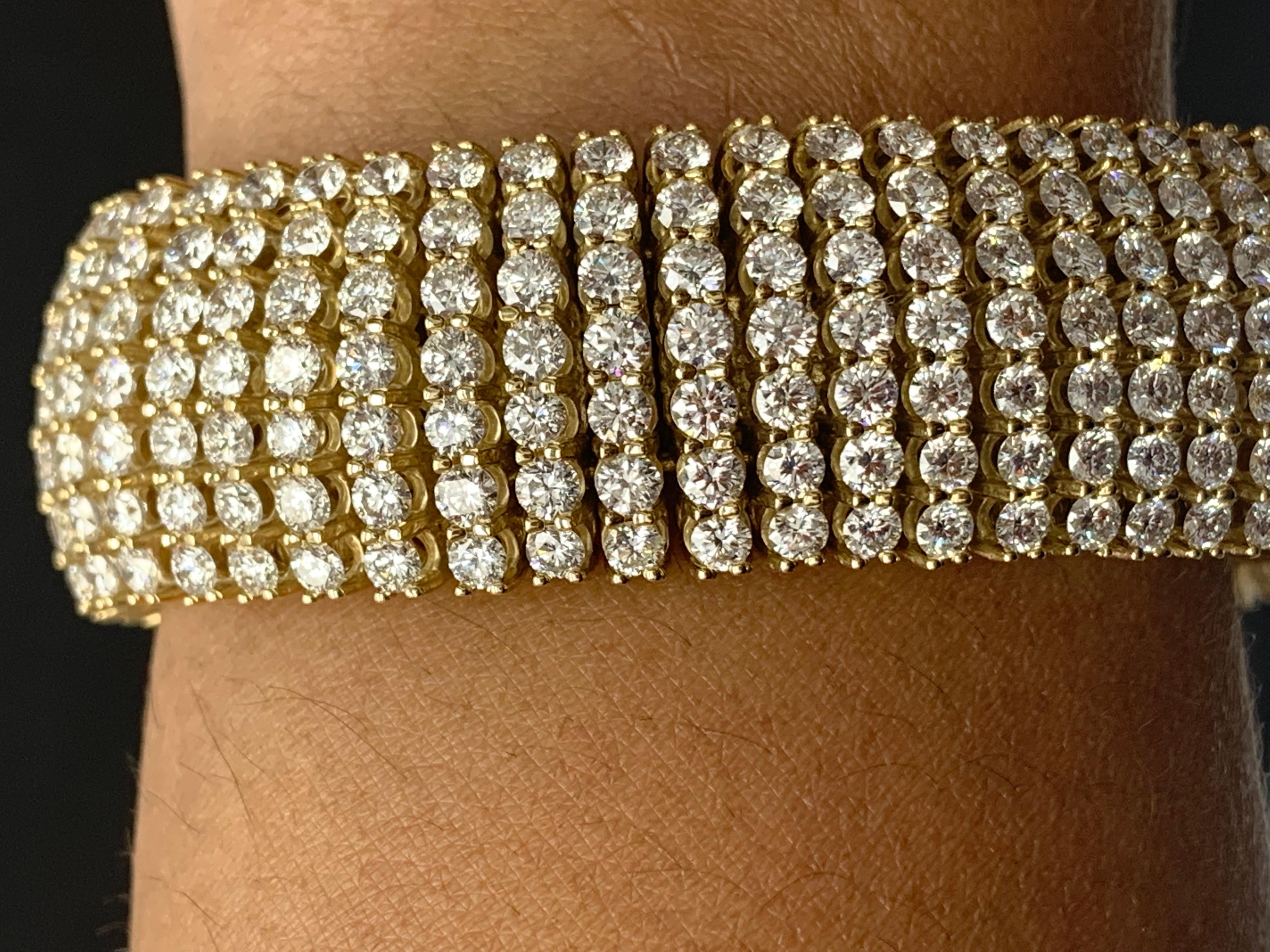 30.18 Carat Round Diamond Multi-Row Tennis Bracelet in 14K Yellow Gold For Sale 7