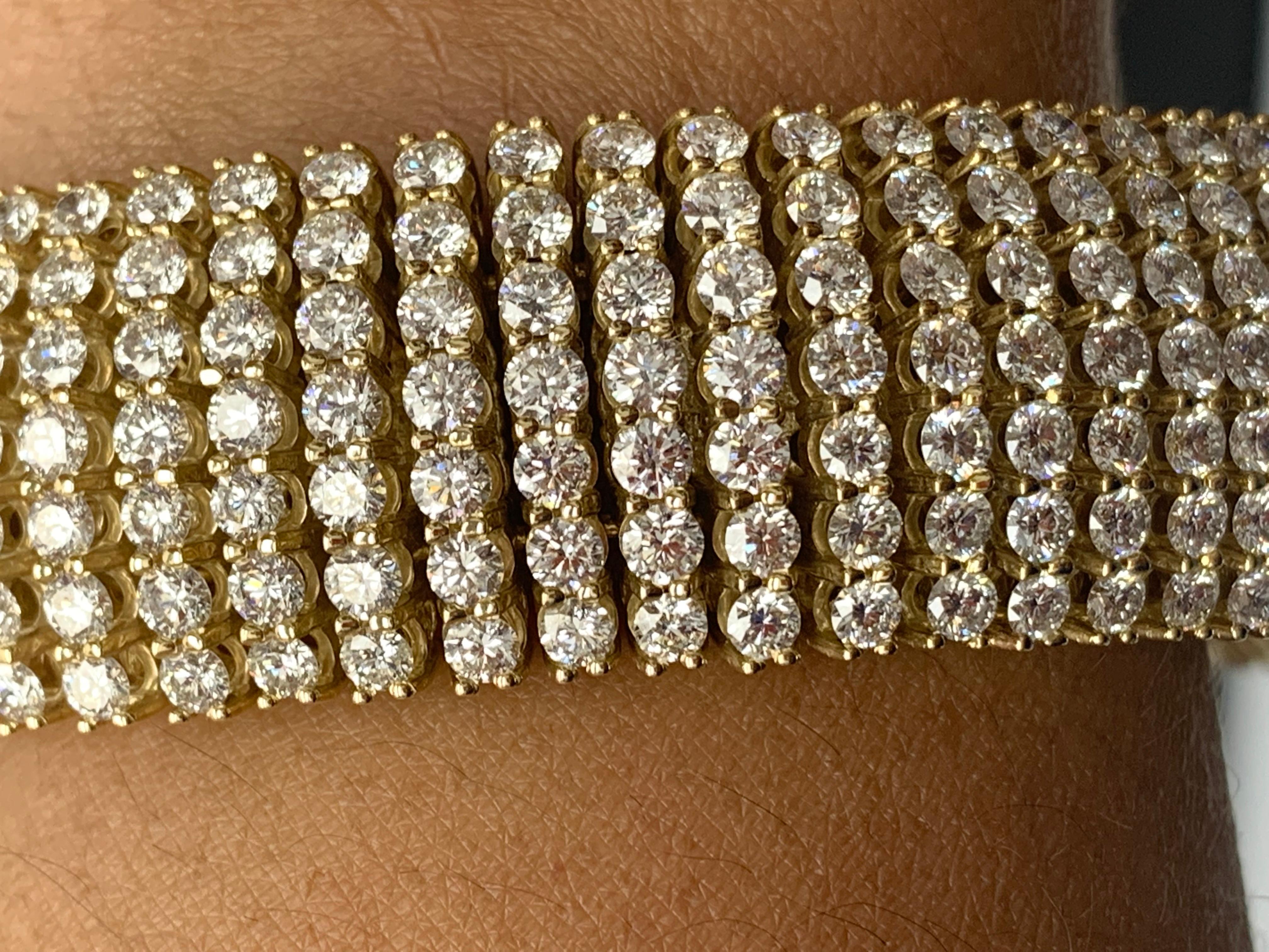 30.18 Carat Round Diamond Multi-Row Tennis Bracelet in 14K Yellow Gold For Sale 8