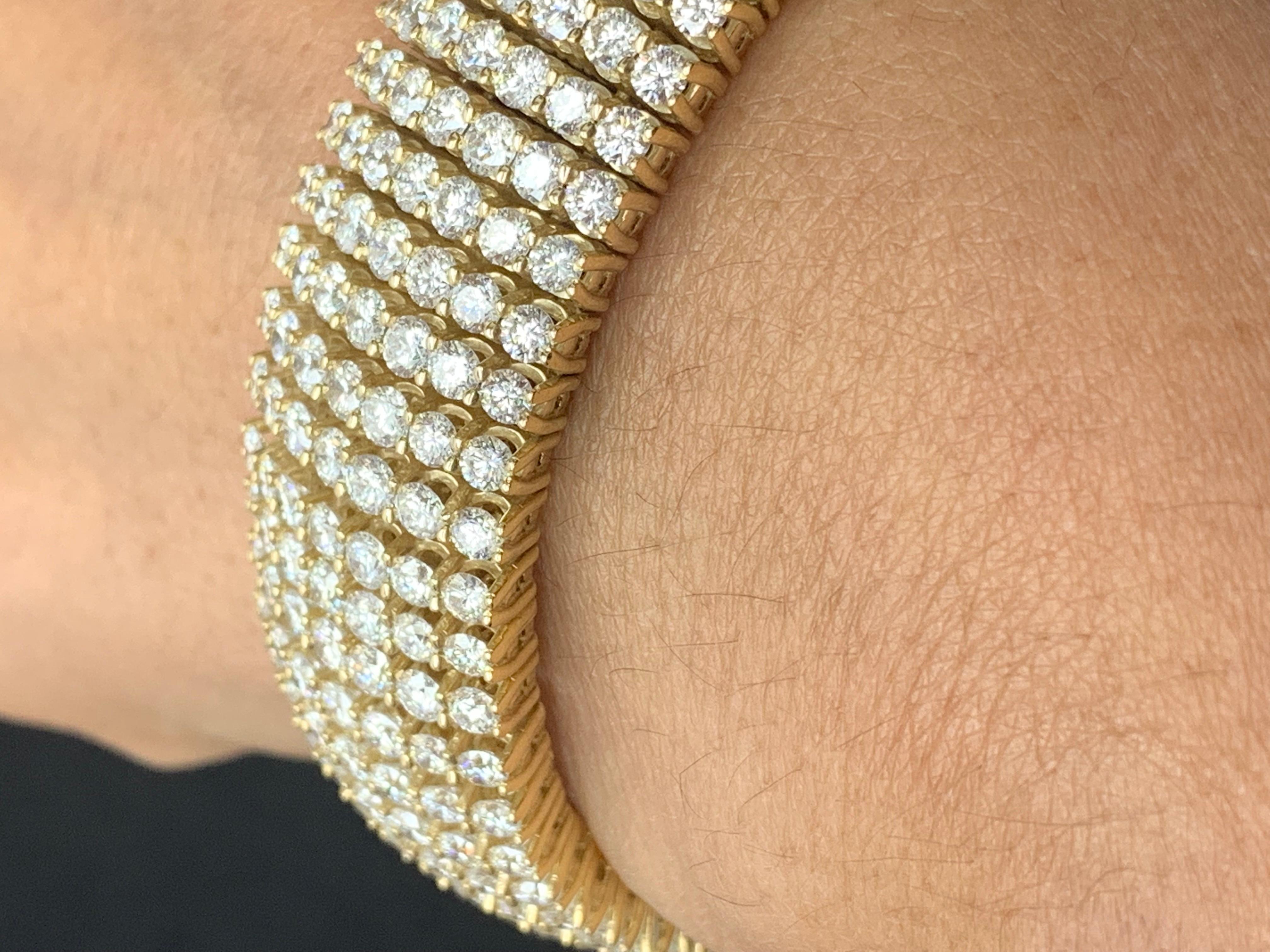 30.18 Carat Round Diamond Multi-Row Tennis Bracelet in 14K Yellow Gold For Sale 9