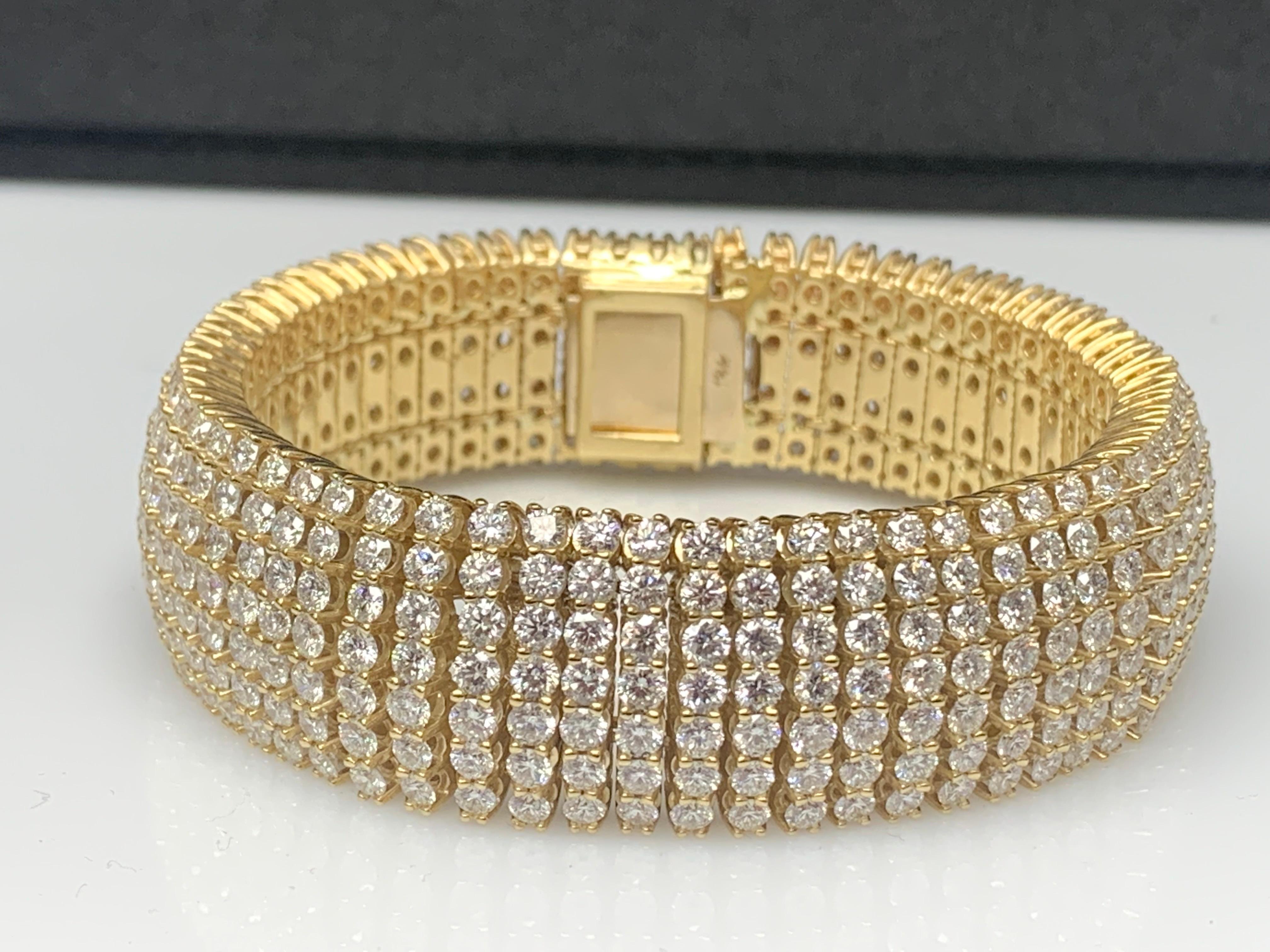 Modern 30.18 Carat Round Diamond Multi-Row Tennis Bracelet in 14K Yellow Gold For Sale