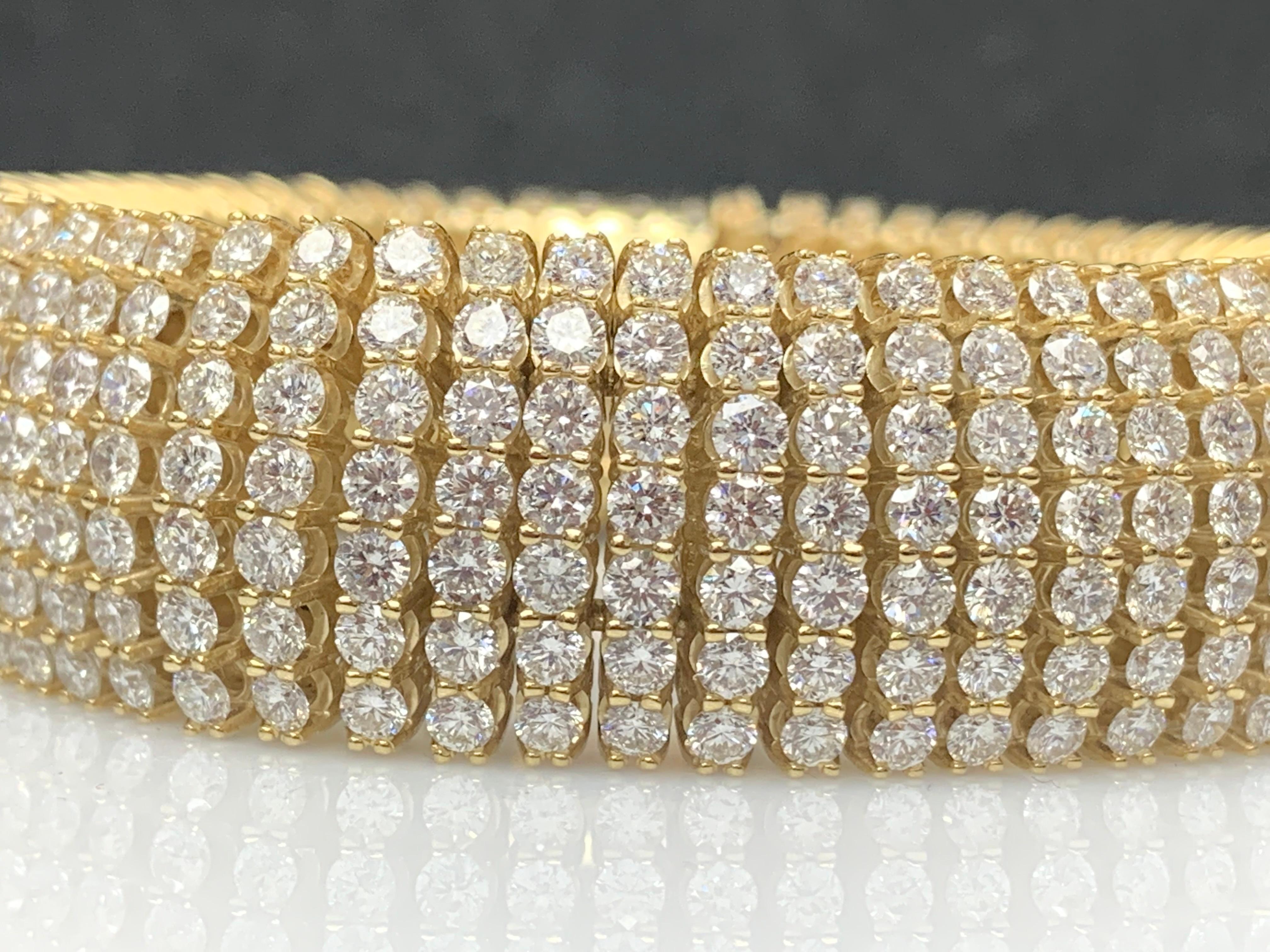 30.18 Carat Round Diamond Multi-Row Tennis Bracelet in 14K Yellow Gold In New Condition For Sale In NEW YORK, NY