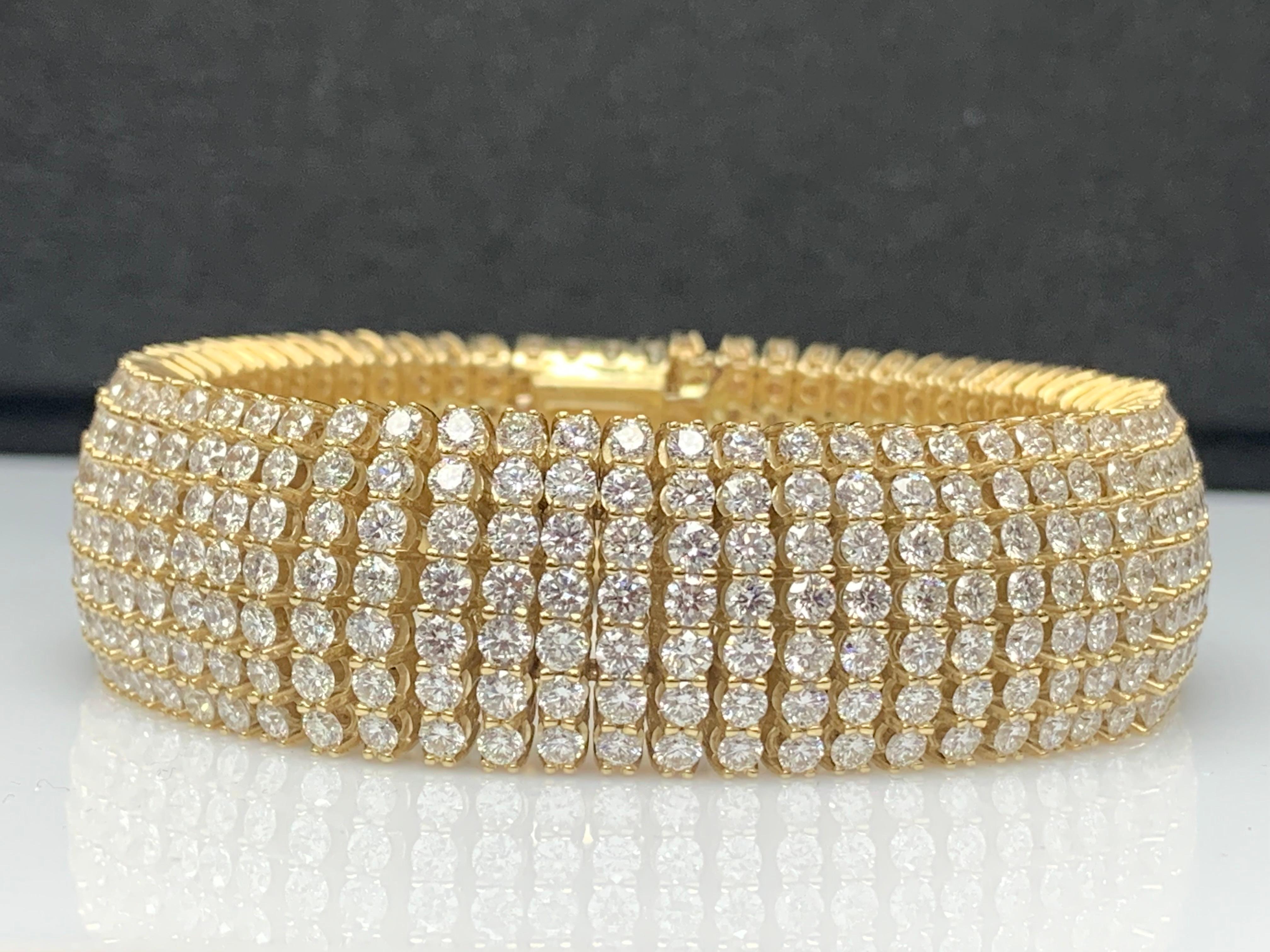 Women's 30.18 Carat Round Diamond Multi-Row Tennis Bracelet in 14K Yellow Gold For Sale
