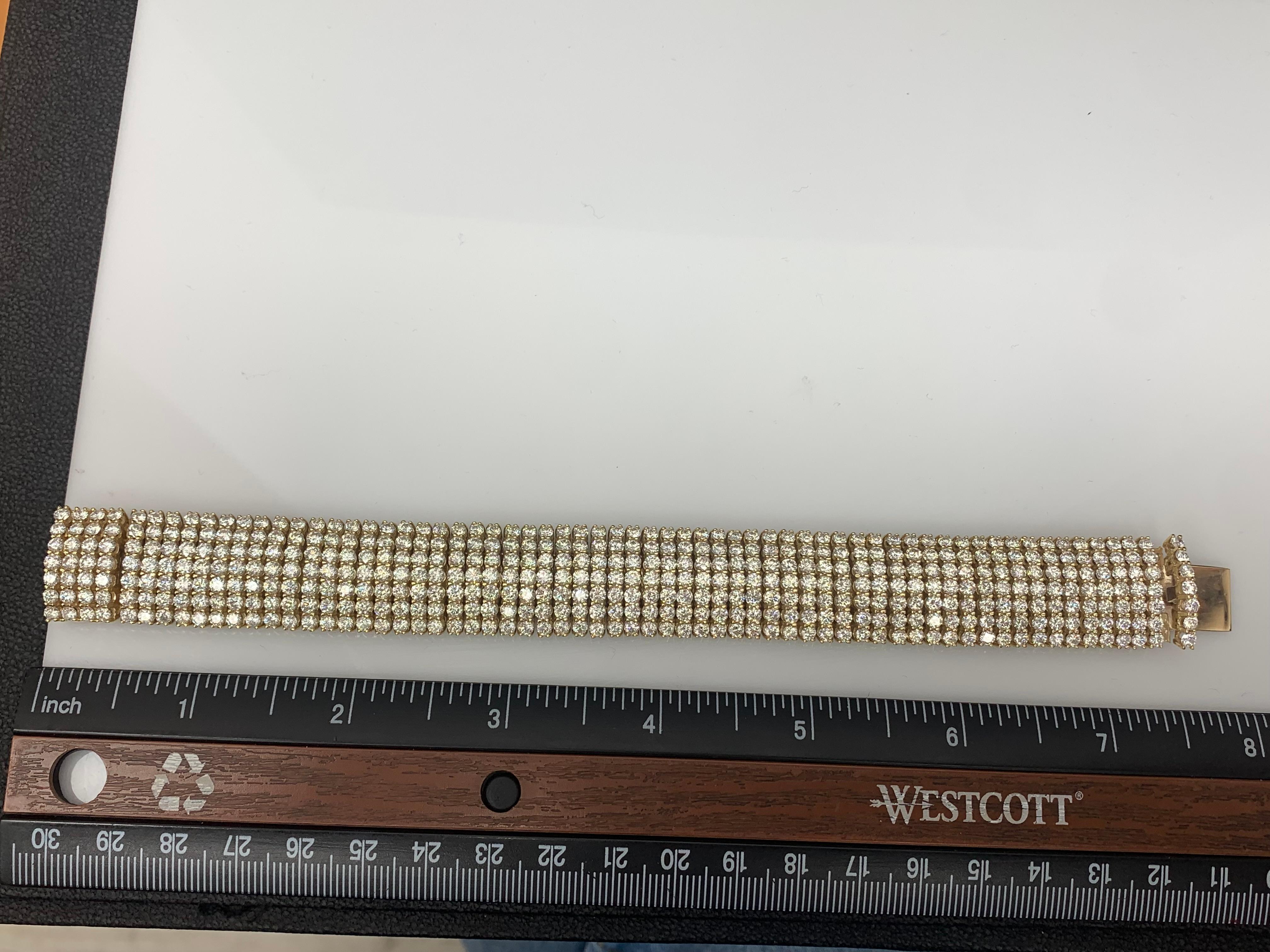 30.18 Carat Round Diamond Multi-Row Tennis Bracelet in 14K Yellow Gold For Sale 1