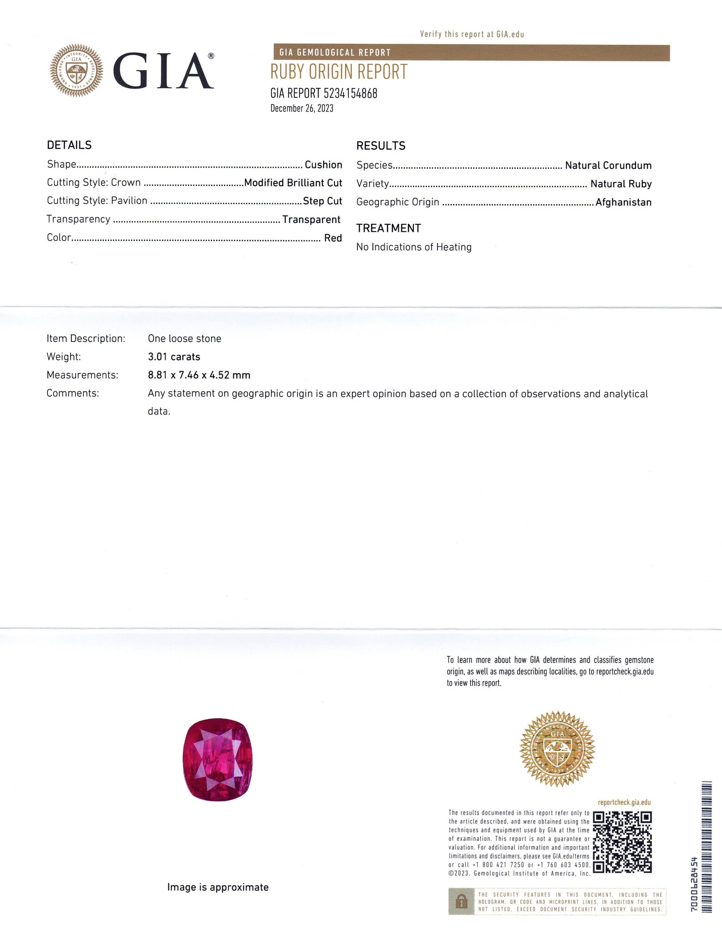 This is a stunning GIA Certified Ruby 


The GIA report reads as follows:

GIA Report Number: 5234154868
Shape: Cushion
Cutting Style: 
Cutting Style: Crown: Modified Brilliant Cut
Cutting Style: Pavilion: Step Cut
Transparency: Transparent
Colour: