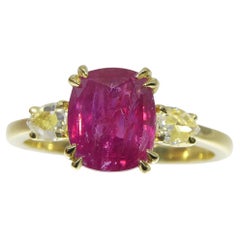 3.01ct Cushion Red Ruby, Rose Cut Diamond Engagement Ring set in 18k Yellow Gold