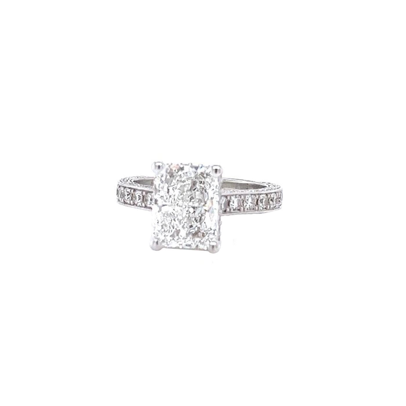 GIA Graded 3.01 Carat Radiant Cut DIamond Ring 18 Karat White with Pave Diamonds In Good Condition For Sale In Aventura, FL