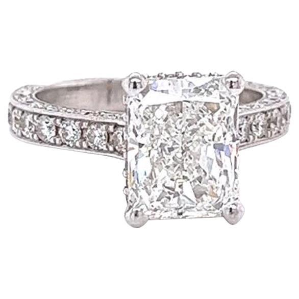 GIA Graded 3.01 Carat Radiant Cut DIamond Ring 18 Karat White with Pave Diamonds For Sale