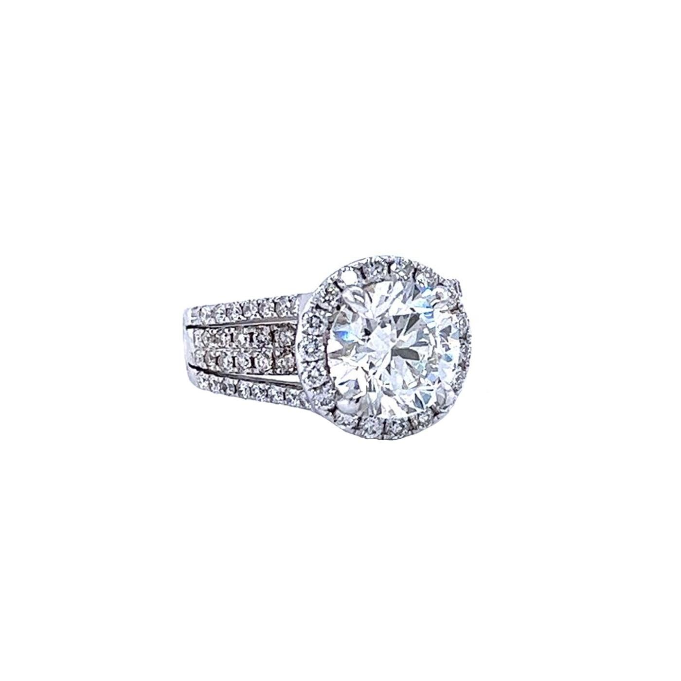 Round Cut 3.01ct GIA Round Diamond Ring Accented with Natural Pave Diamonds 18K White Gold For Sale