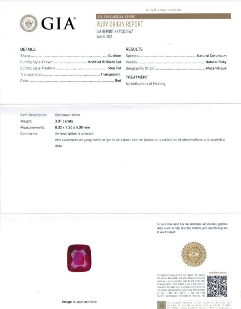 Women's 3.01ct Ruby Cushion Cut Natural Trilliant Diamond 18kt 2-Tone Ring, GIA Cert  For Sale