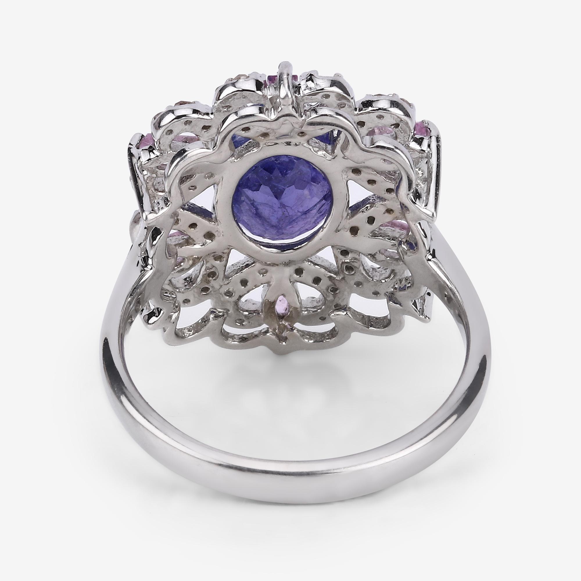 3.01cttw Tanzanite, Pink Sapphires with Diamonds 0.41cttw Sterling Silver Ring

A ring fit for a queen. Adorn your outfits with its funky flair when you wear this vintage inspired celebrity style ring, featuring 3.01 ct. t.w. oval-cut tanzanite,