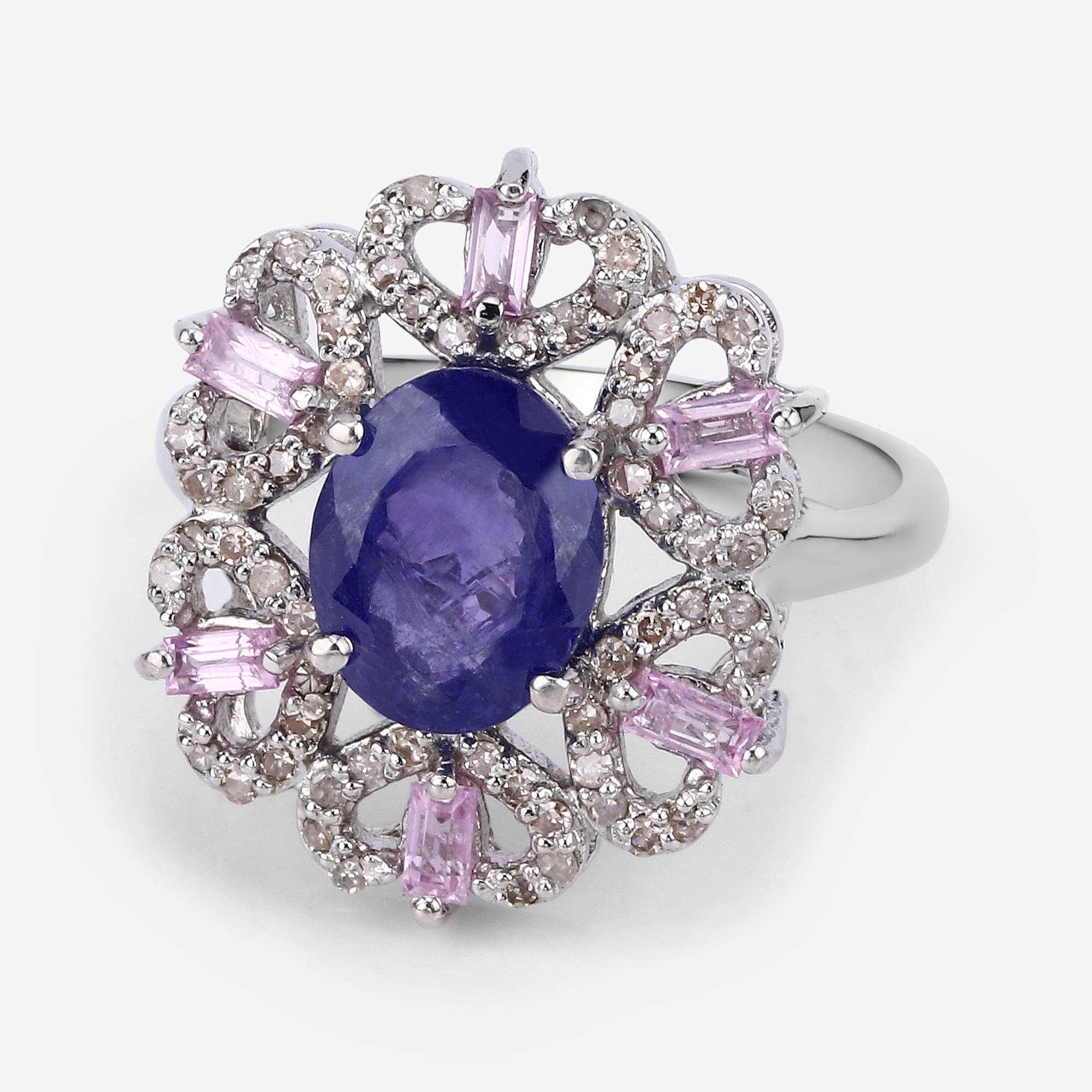 Oval Cut 3.01cttw Tanzanite, Pink Sapphires with Diamonds 0.41cttw Sterling Silver Ring