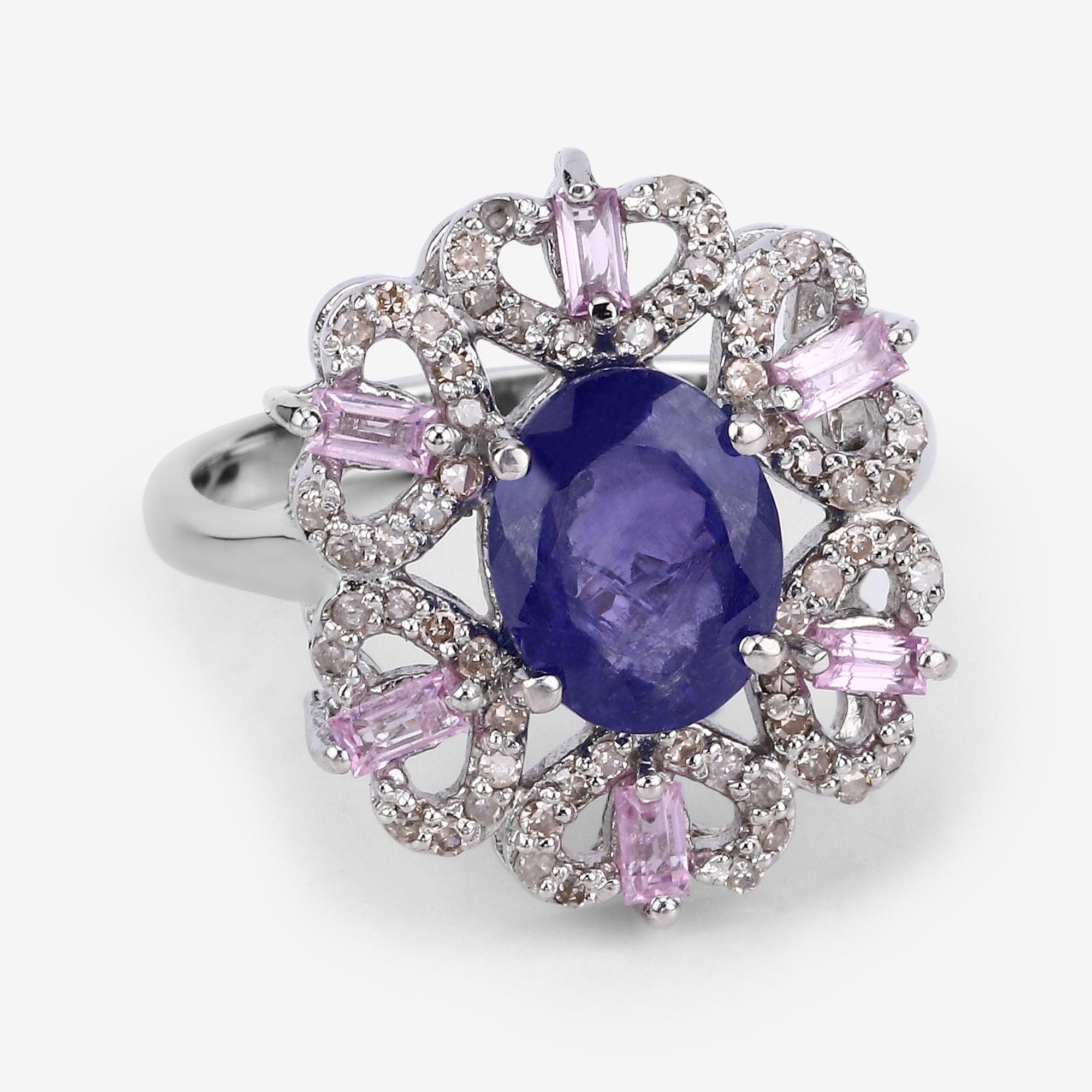 3.01cttw Tanzanite, Pink Sapphires with Diamonds 0.41cttw Sterling Silver Ring In New Condition In Great Neck, NY