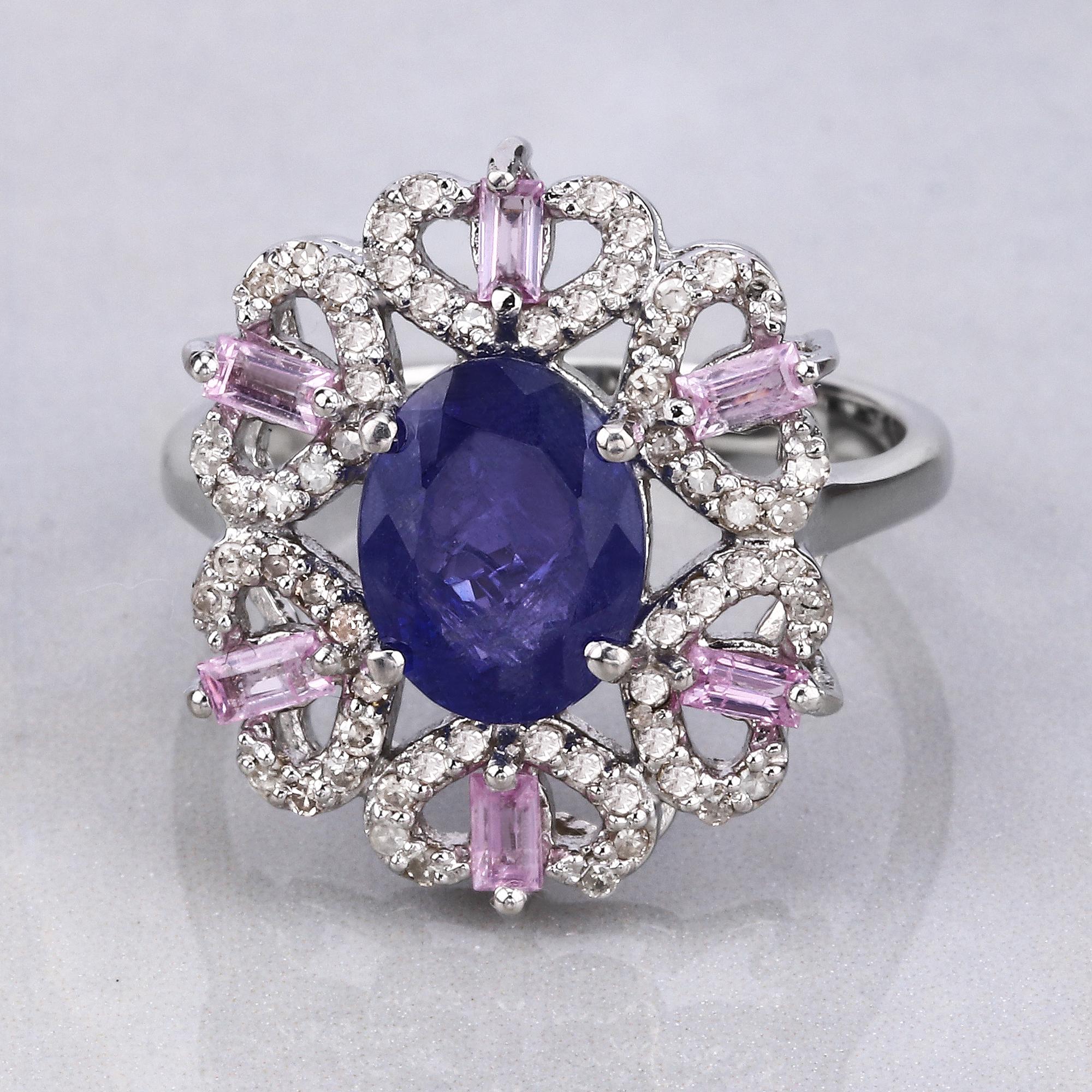 3.01cttw Tanzanite, Pink Sapphires with Diamonds 0.41cttw Sterling Silver Ring 1