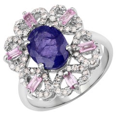 3.01cttw Tanzanite, Pink Sapphires with Diamonds 0.41cttw Sterling Silver Ring