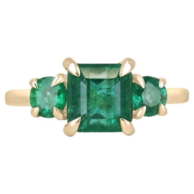 3.01tcw 14K Asscher Cut Emerald Trilogy Ring with Round Side Accents