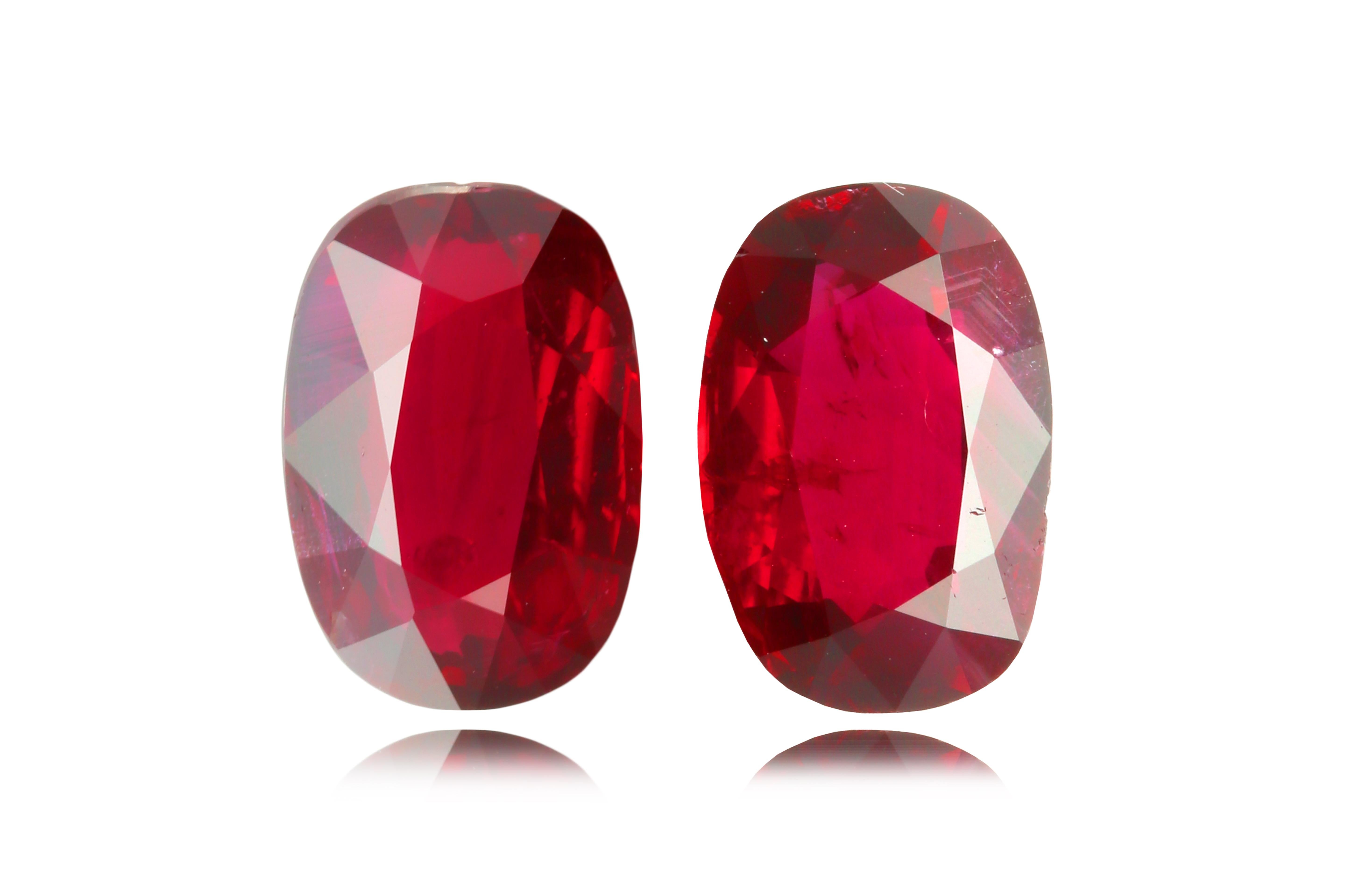 An extraordinary rarity, this matching pair of rubies weighs 3.02 and 3.01 carats respectively, both certified by GRS as possessing the coveted “Pigeon’s Blood” color. This designation, reserved for the most vivid and saturated red hue, captures the