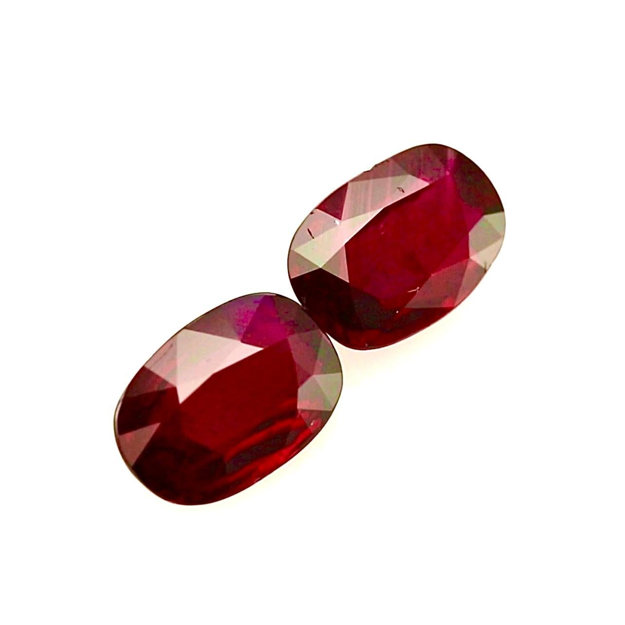 Antique Cushion Cut 3.02 + 3.01 Carat Matching Pair of “Pigeon’s Blood” Rubies – GRS Certified For Sale